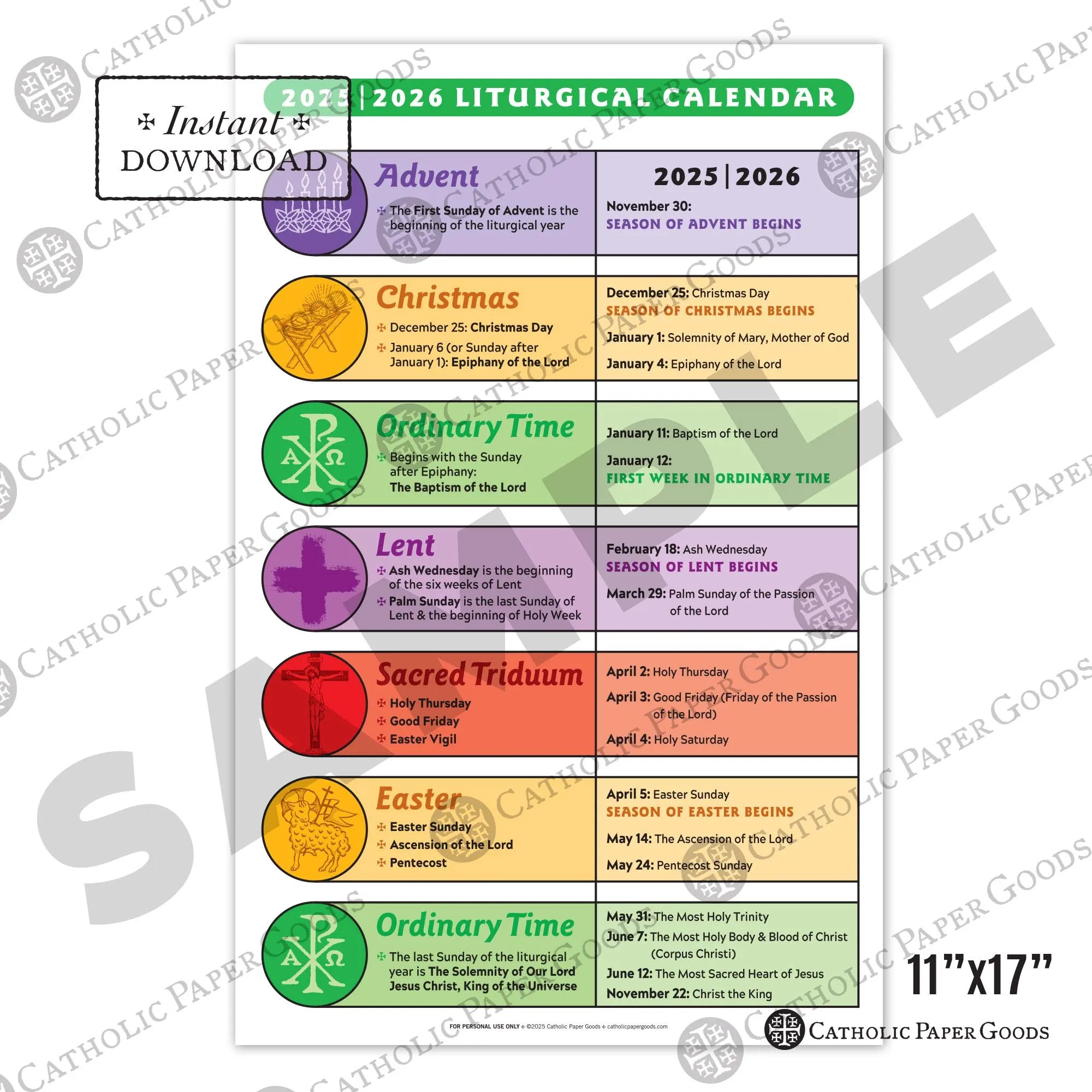 2025 26 Printable Catholic Liturgical Calendar Poster 11x17 Color 