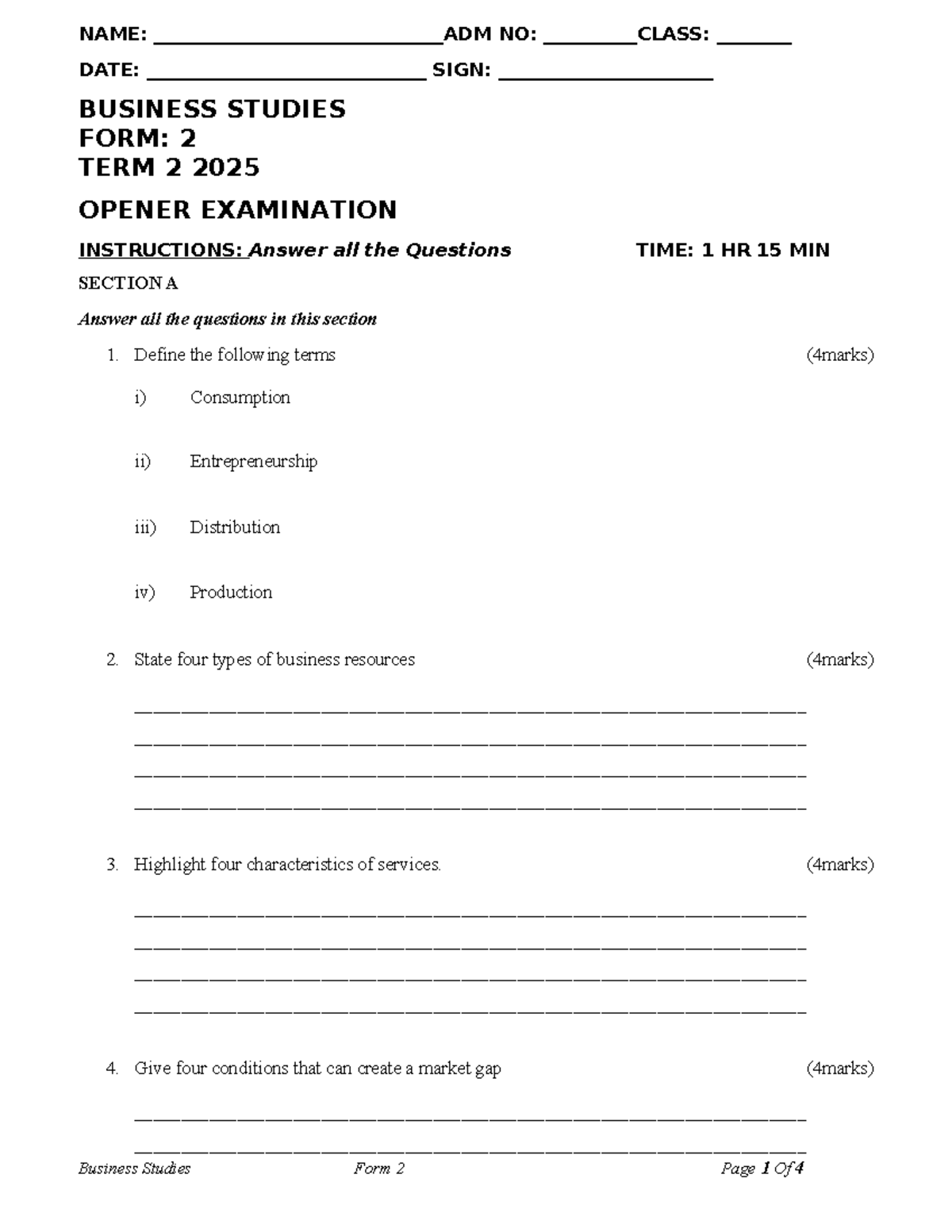 2025 Business Studies F2 Term 2 Opener Exam Questions And 