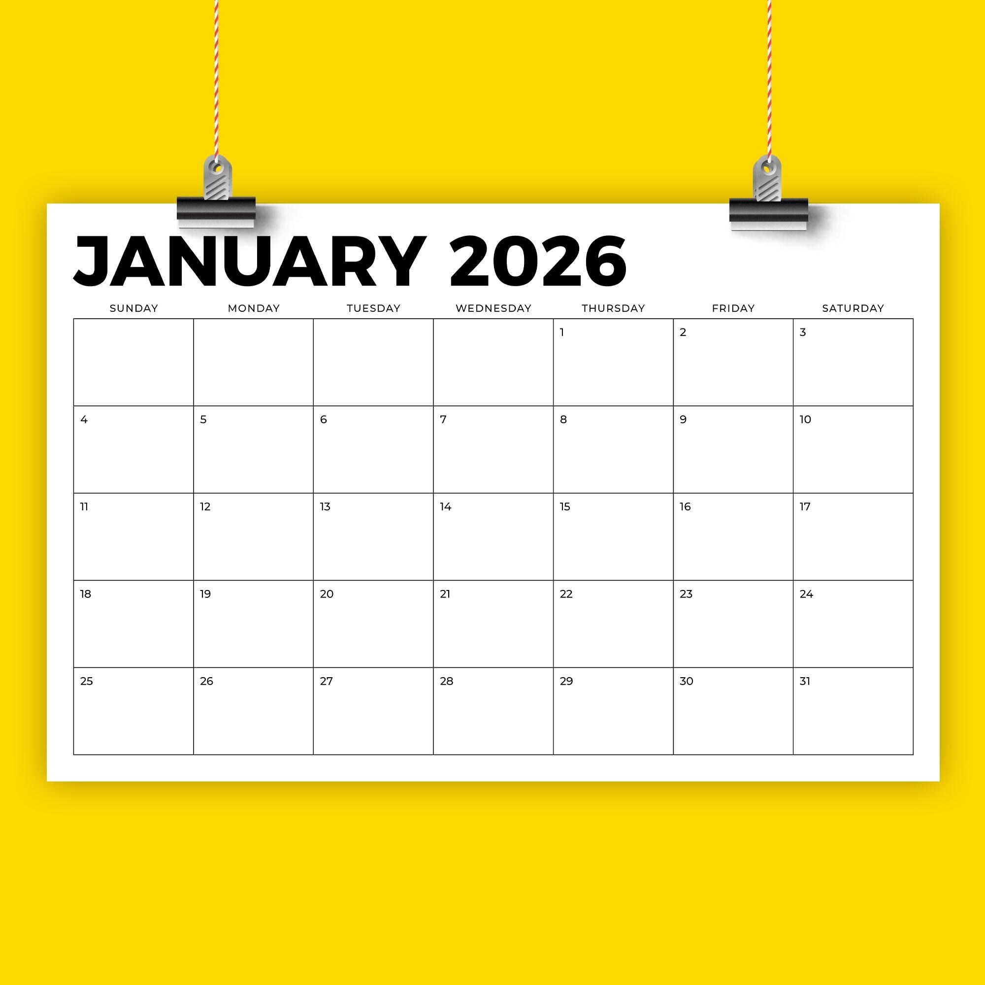 2026 11 X 17 Inch Calendar Template INSTANT DOWNLOAD Bold Sans 