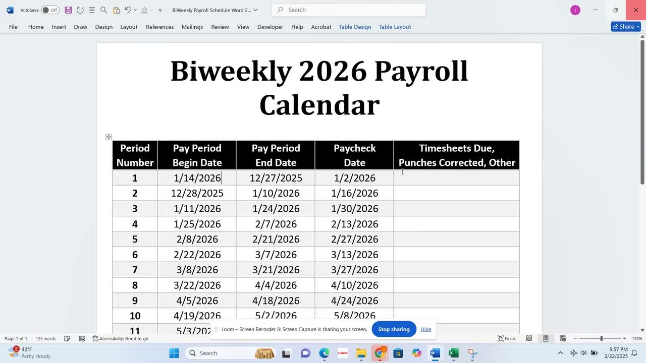 2026 Biweekly Payroll Calendar Printable