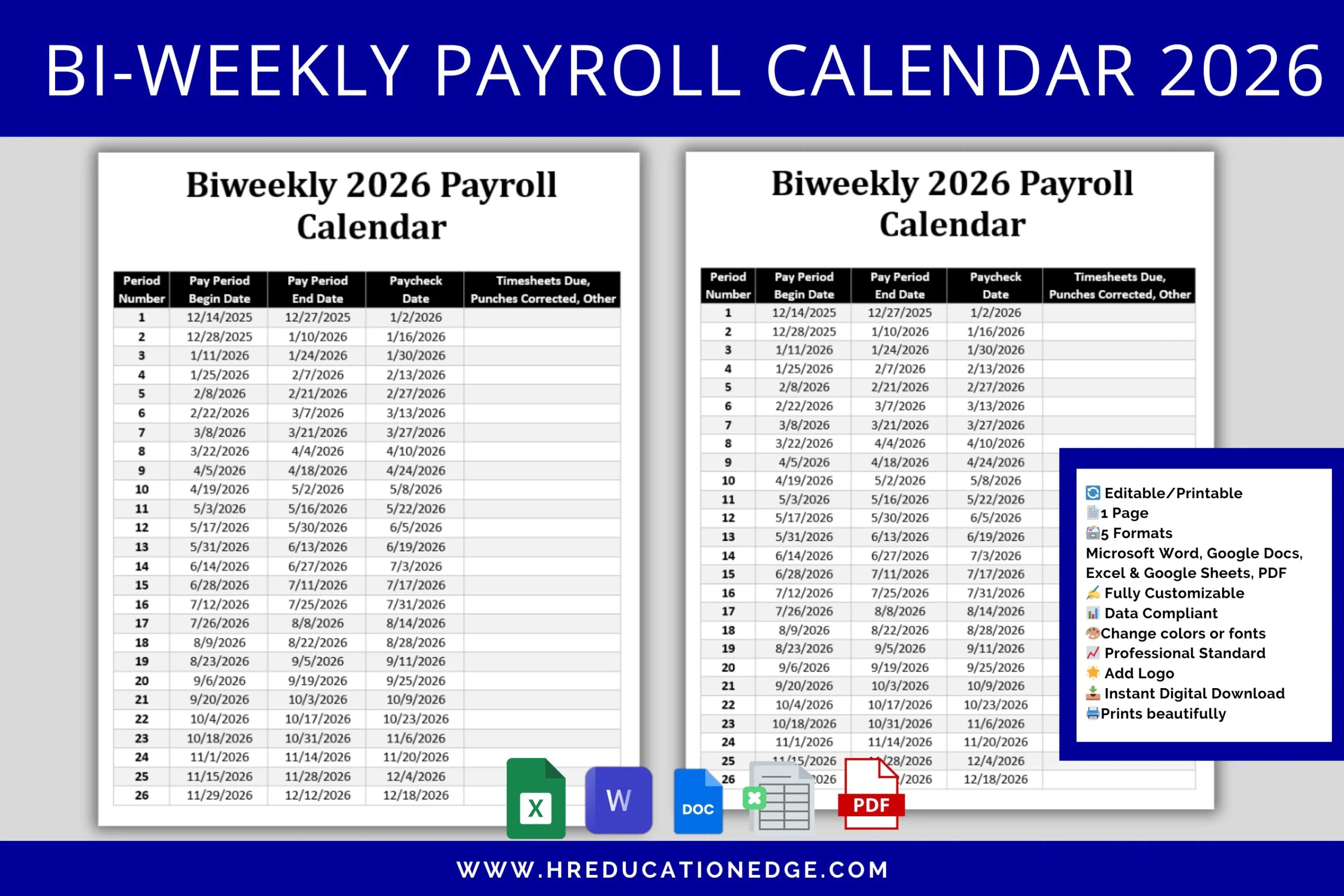 2026 Biweekly Payroll Calendar Editable MS Word amp Excel Google 
