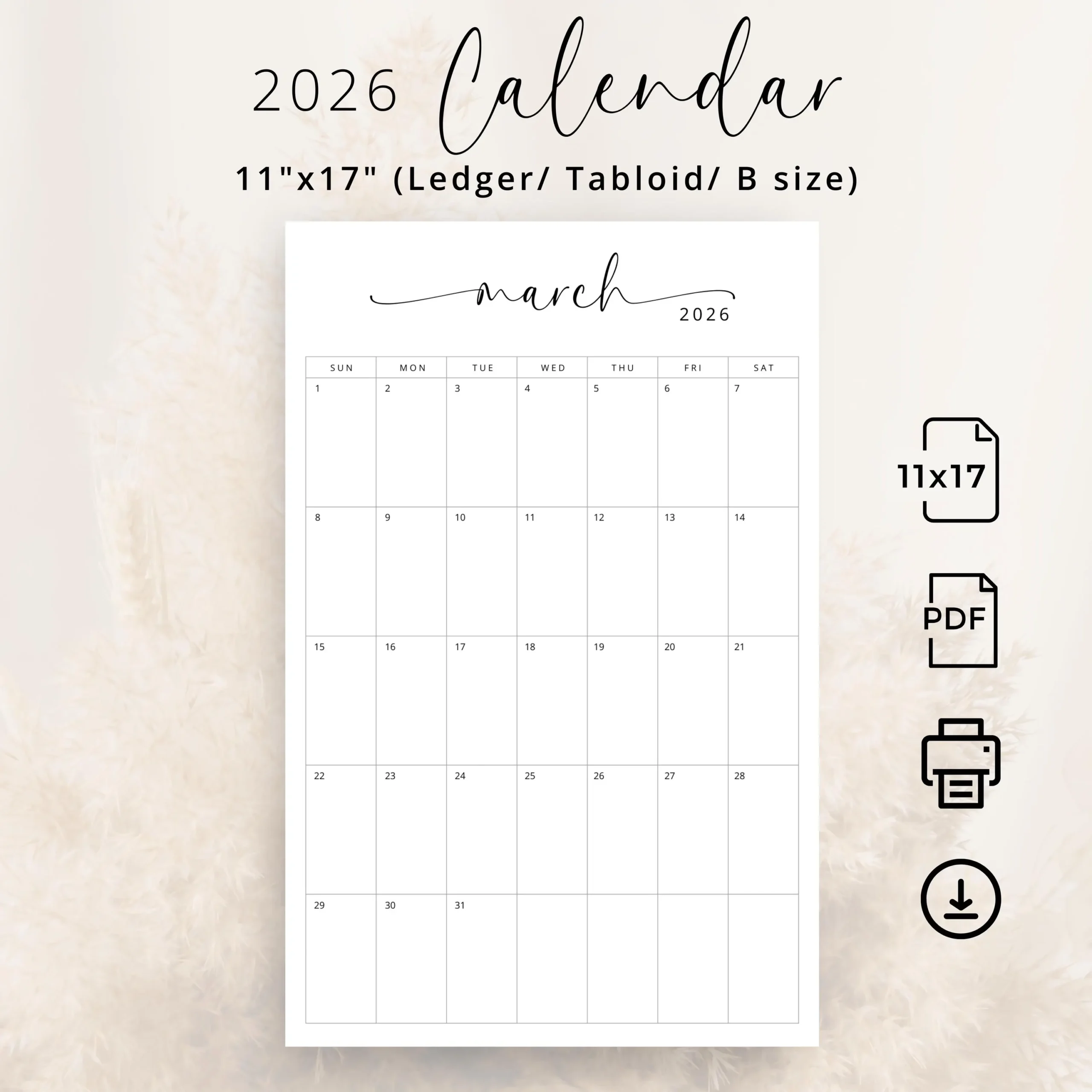 11x17 Blank Printable Calendar 2026