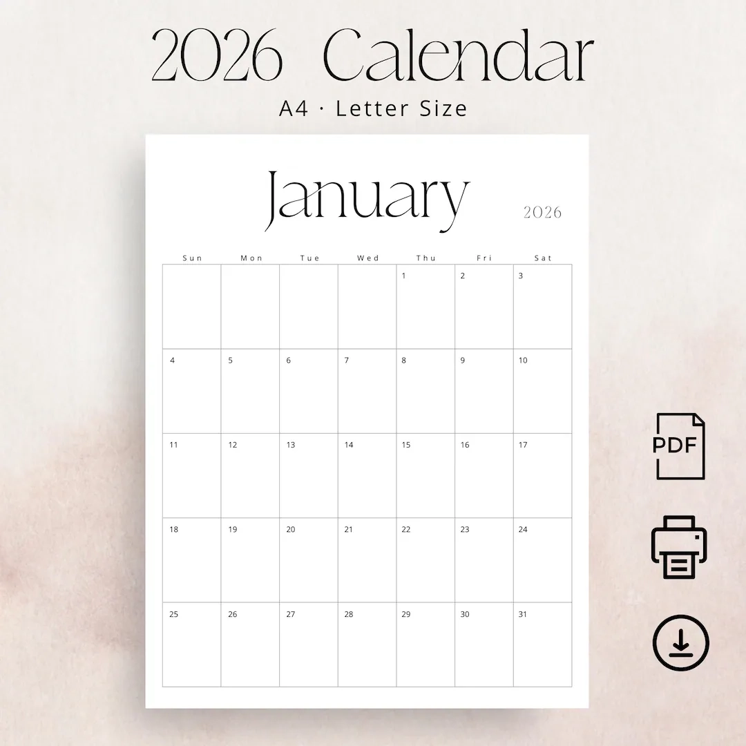 2026 Calendar 2026 Monthly Planner 2026 Wall Calendar PDF Stylish 