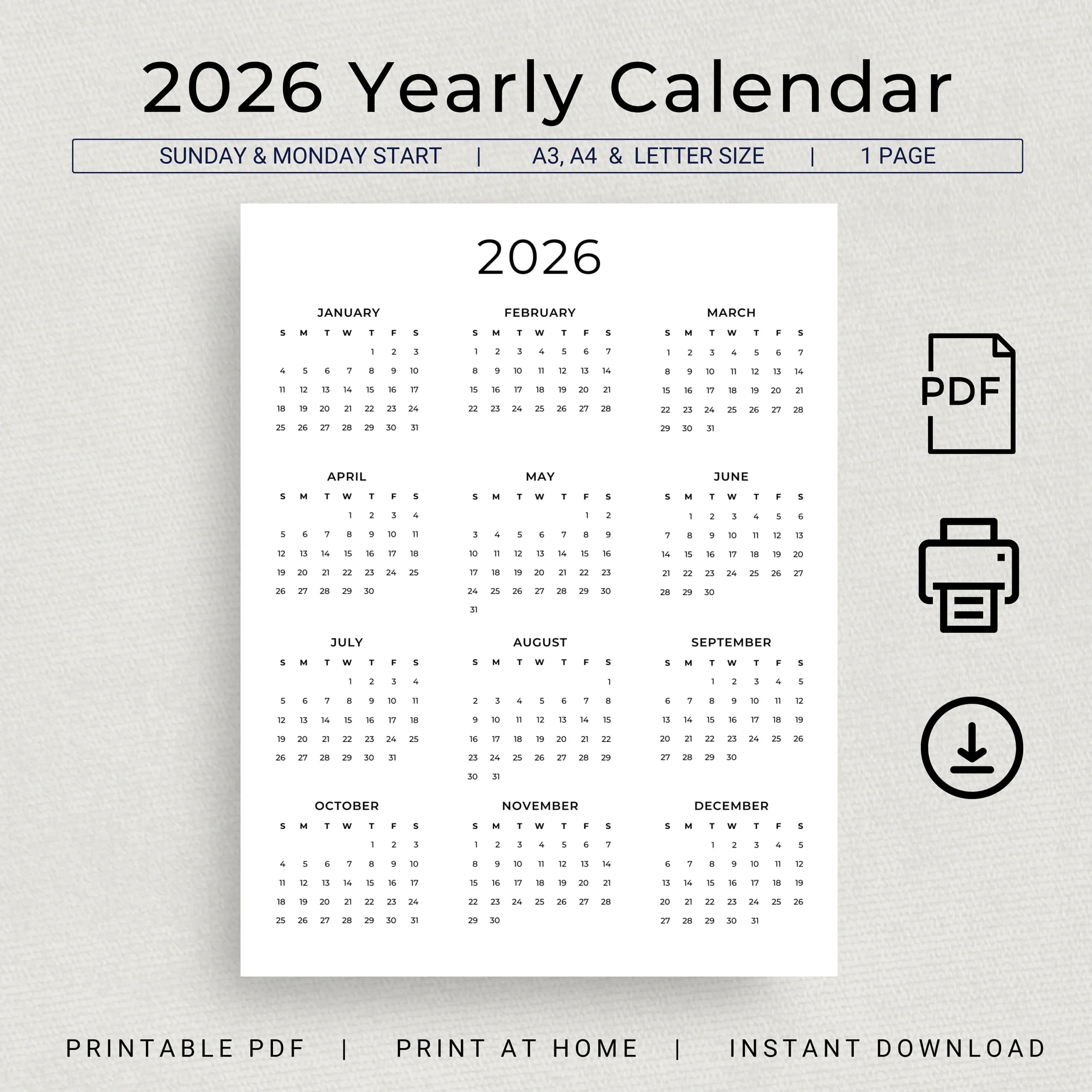 2026 Calendar 2026 Yearly Calendar Printable 2026 Wall Calendar 