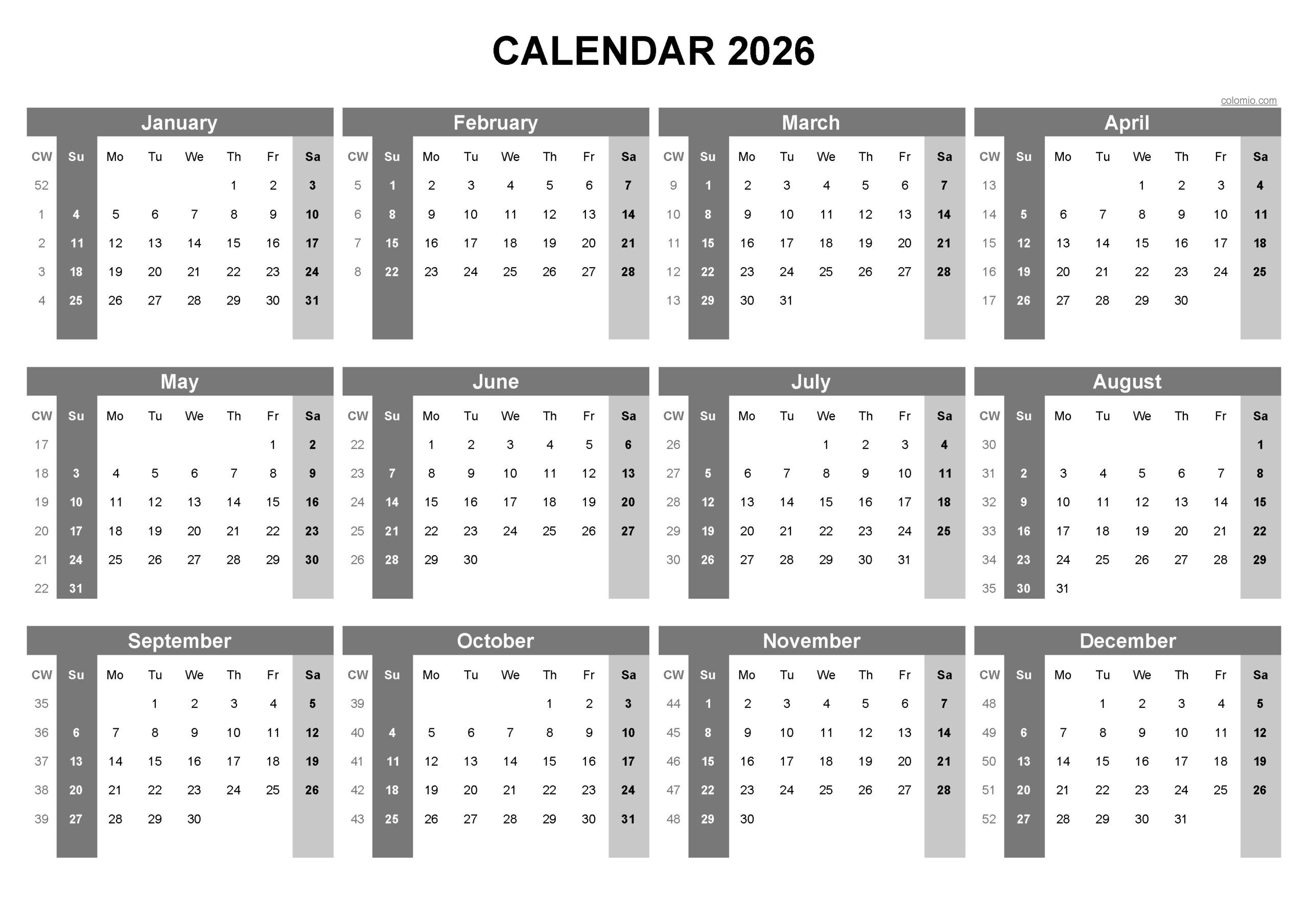 Calendar 2026 Black And White