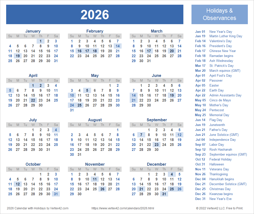 Printable 2026 Calendar One Page