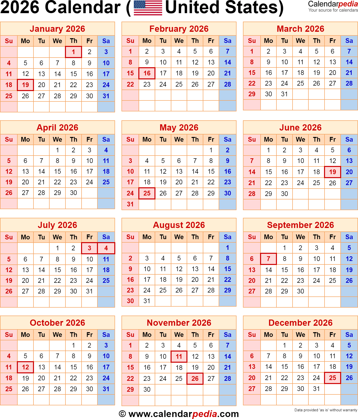 December Calendar 2026 Printable United States