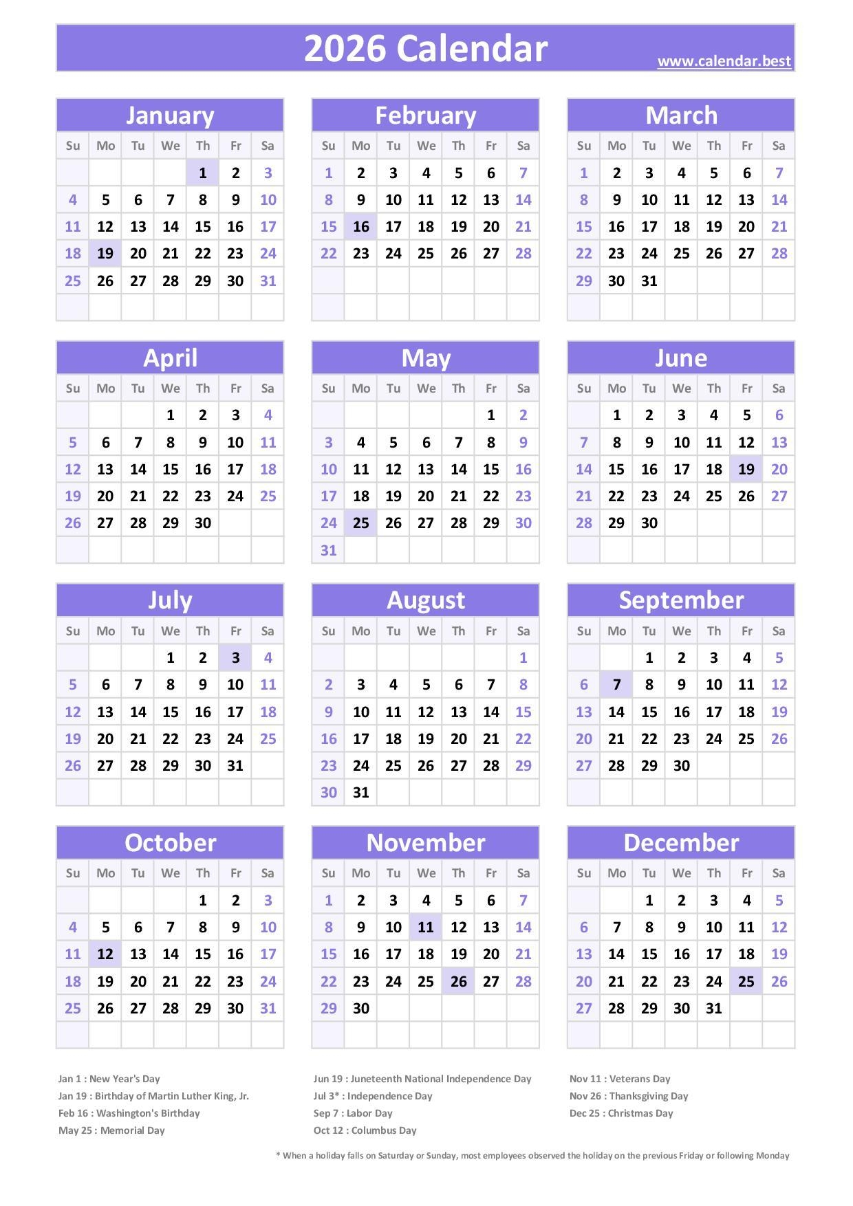 2026 Calendar With Holidays US Federal Holidays 