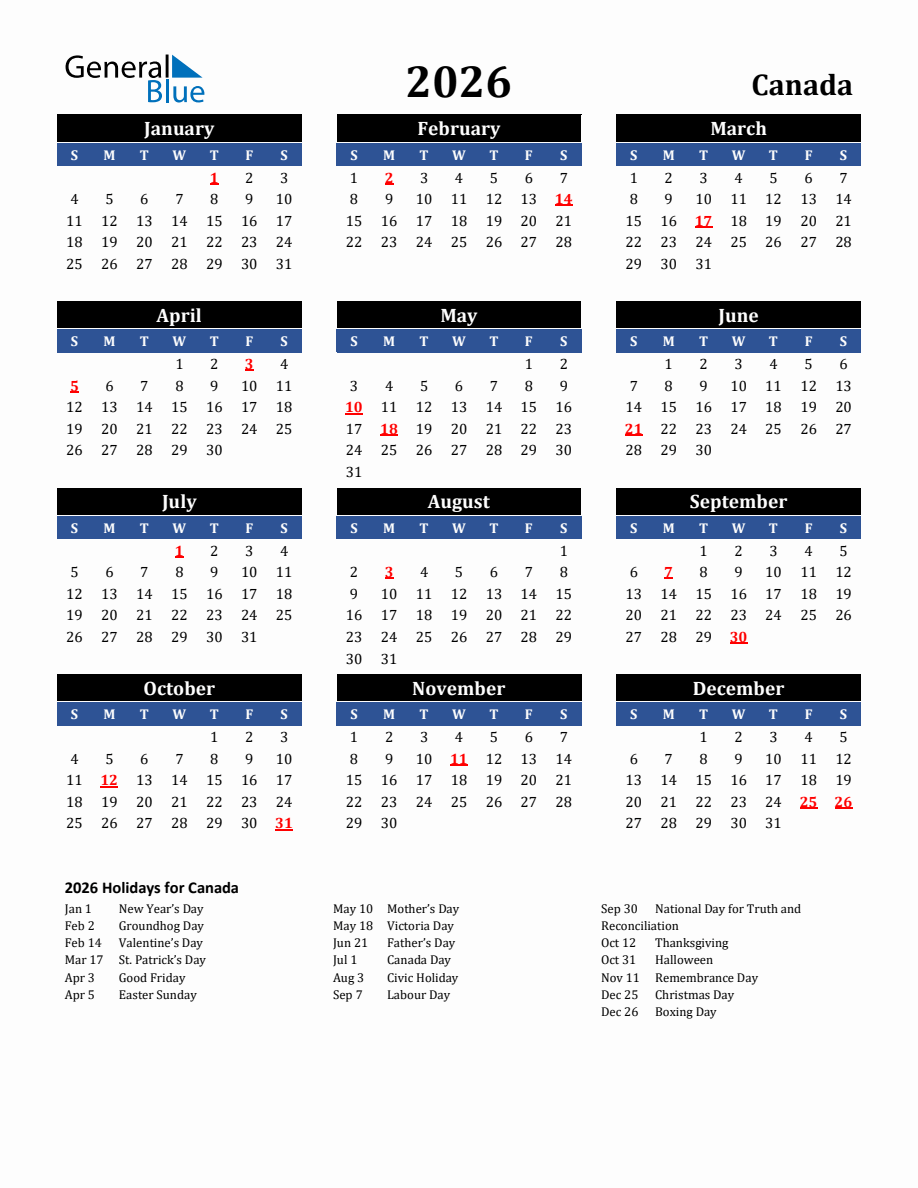 2026 Canada Holiday Calendar