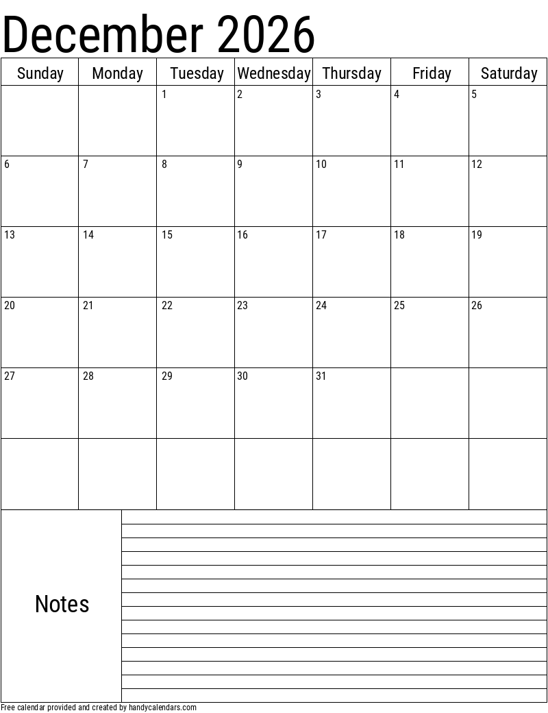 Blank Printable Calendar For December 2026