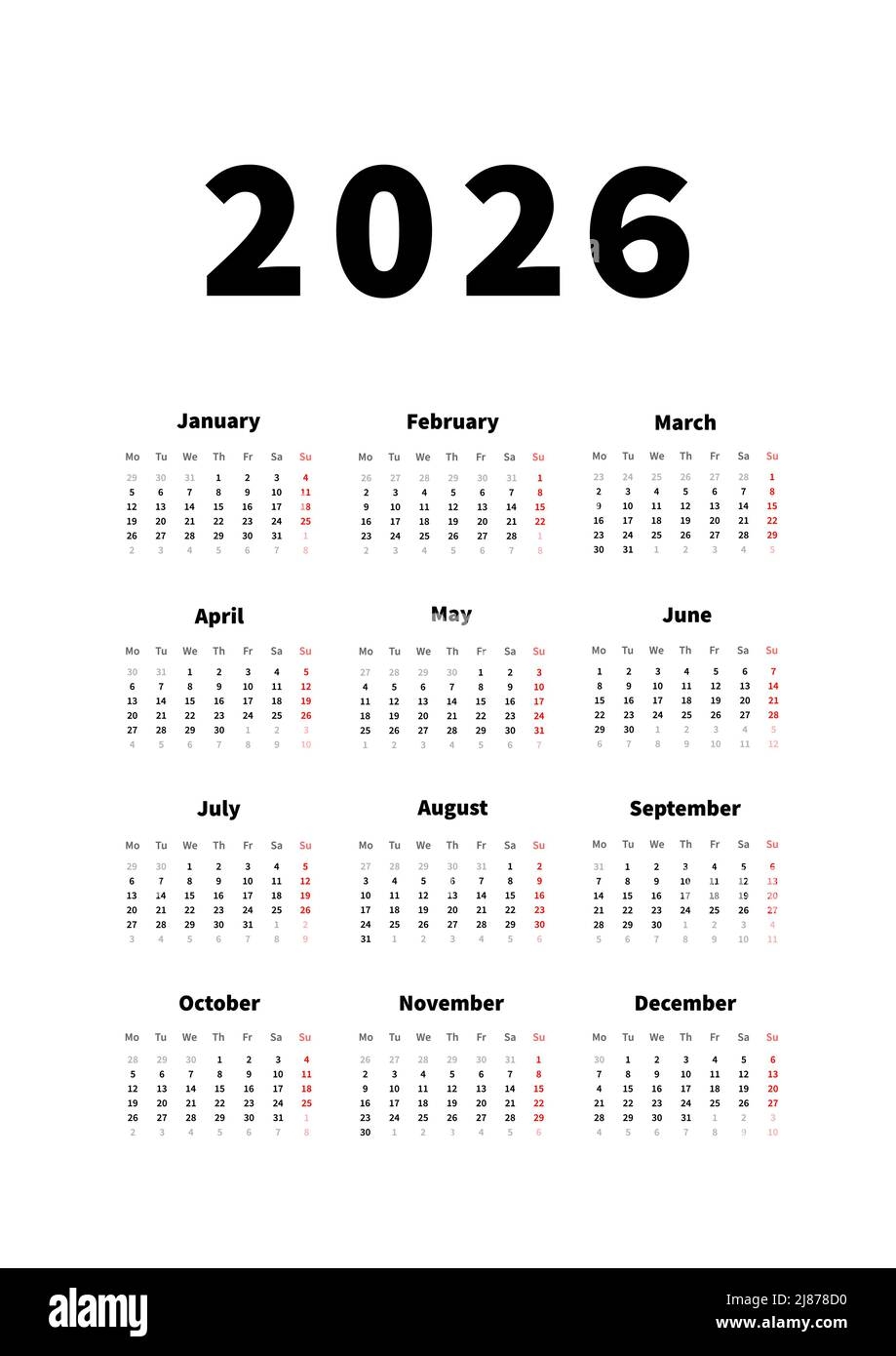 2026 Jahre Einfacher Vertikaler Kalender In Englischer Sprache 