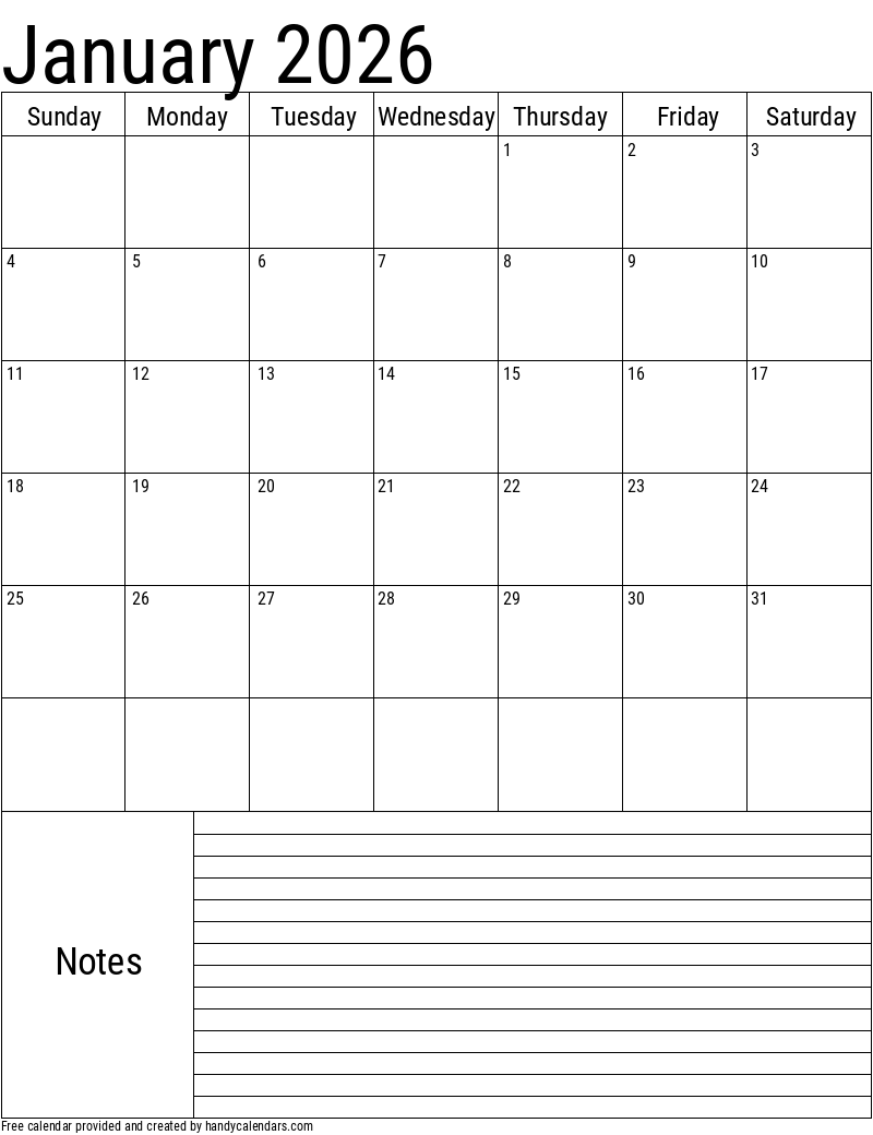 Blank Calendar January 2026 Free