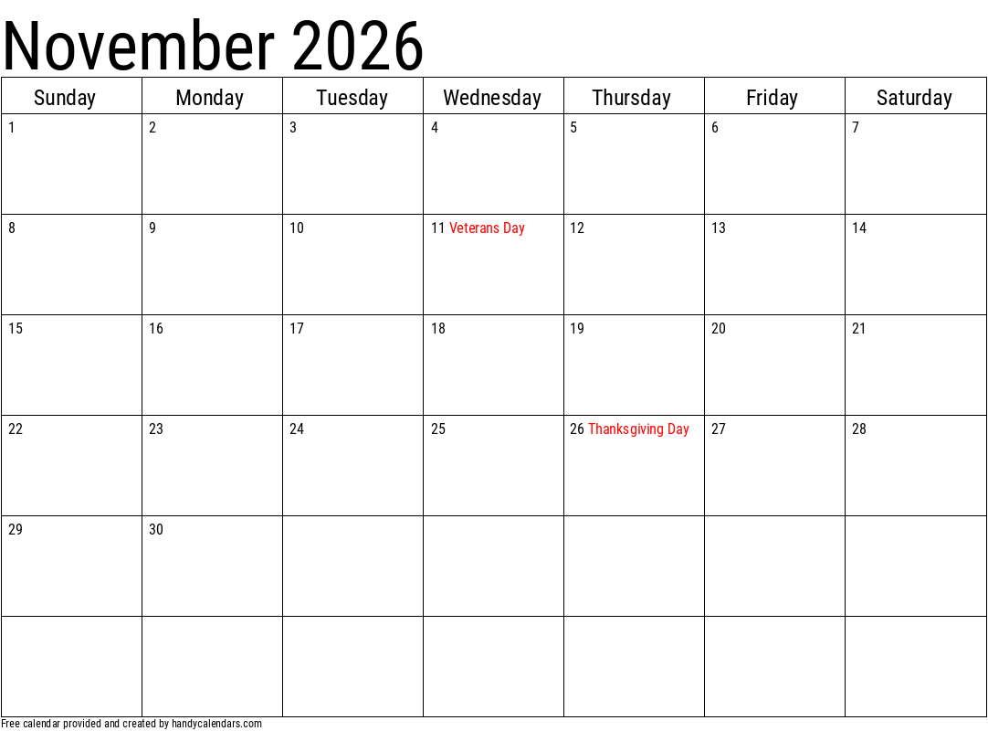 Printable November 2026 Calendar With Holiday