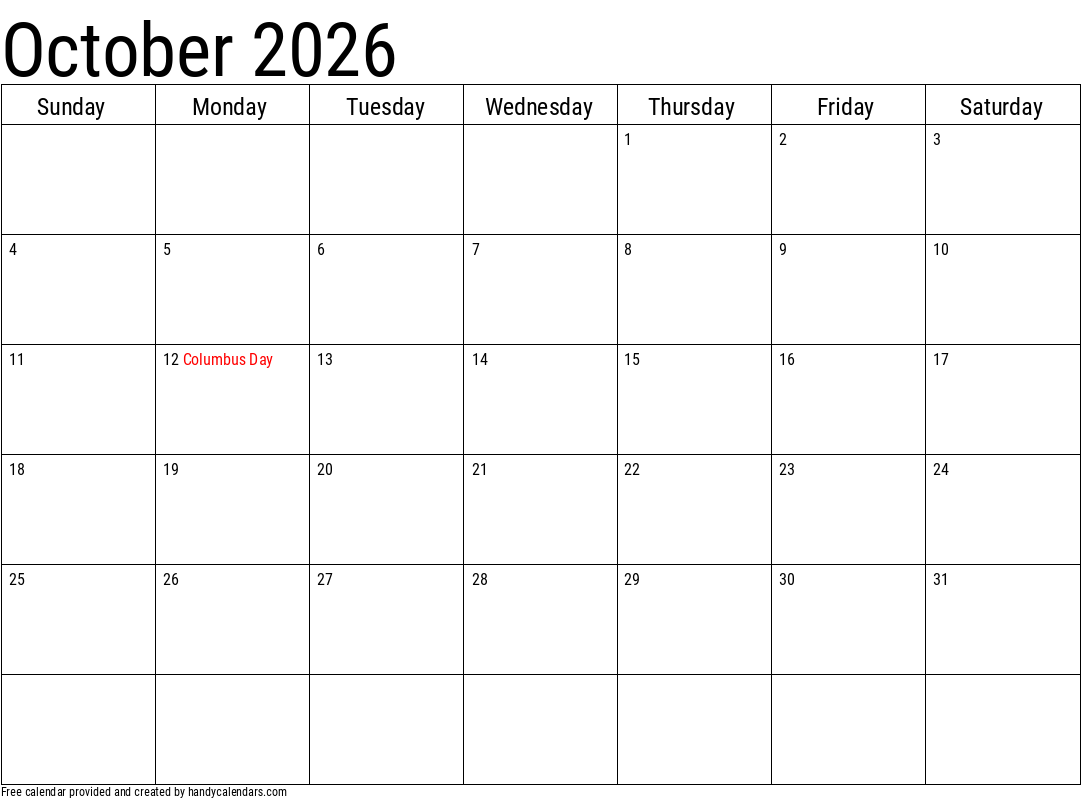 Blank Calendar Oct 2026 Printable