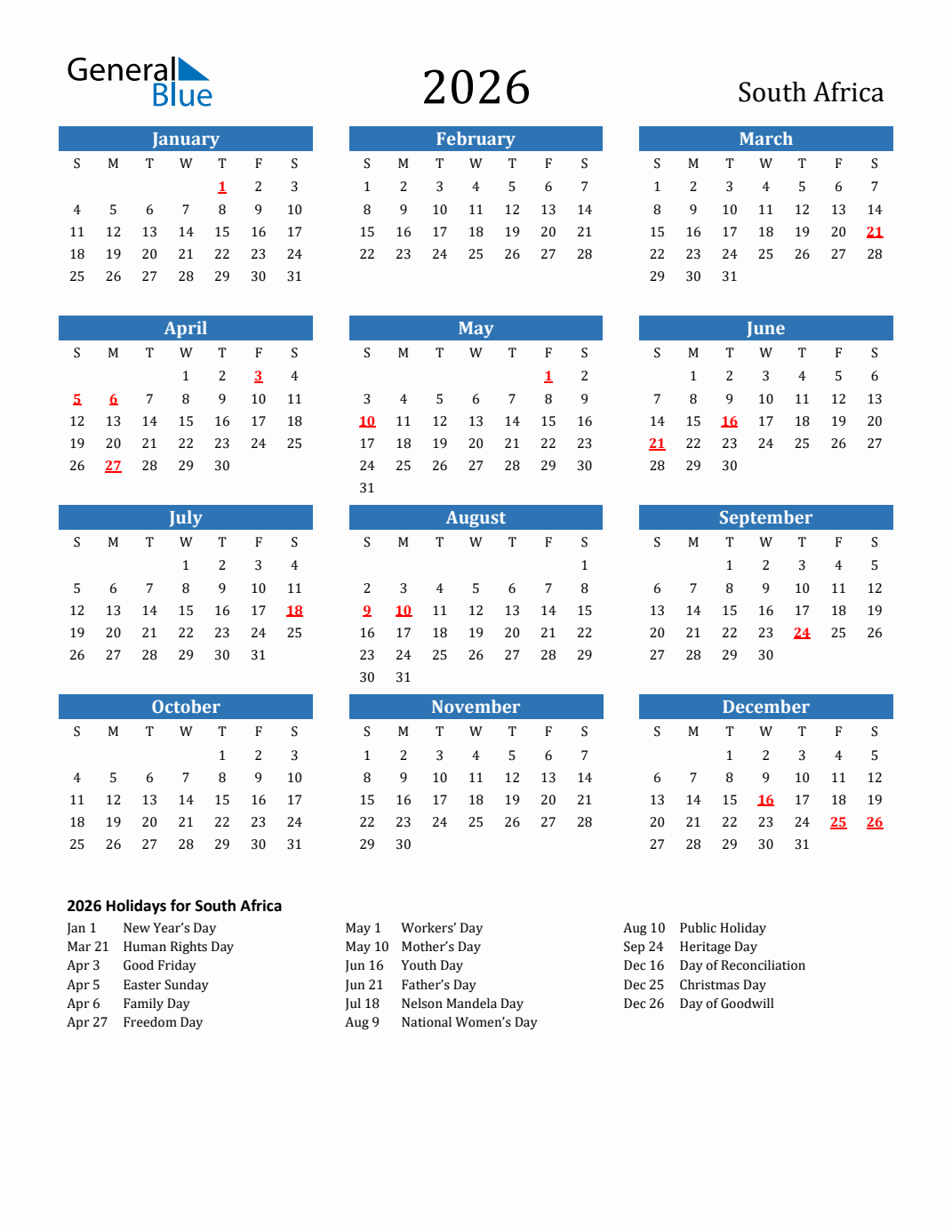 2026 South Africa Calendar With Holidays Monday Start 