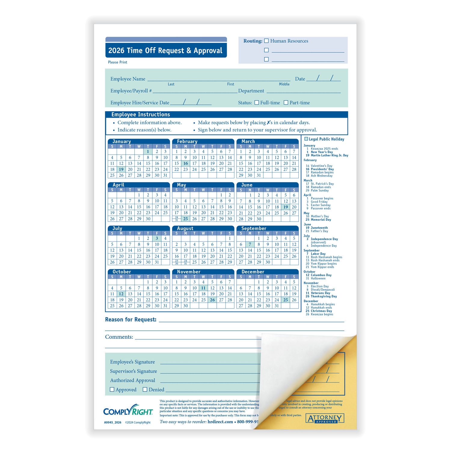 2026 time off request form approval for time off hrdirect