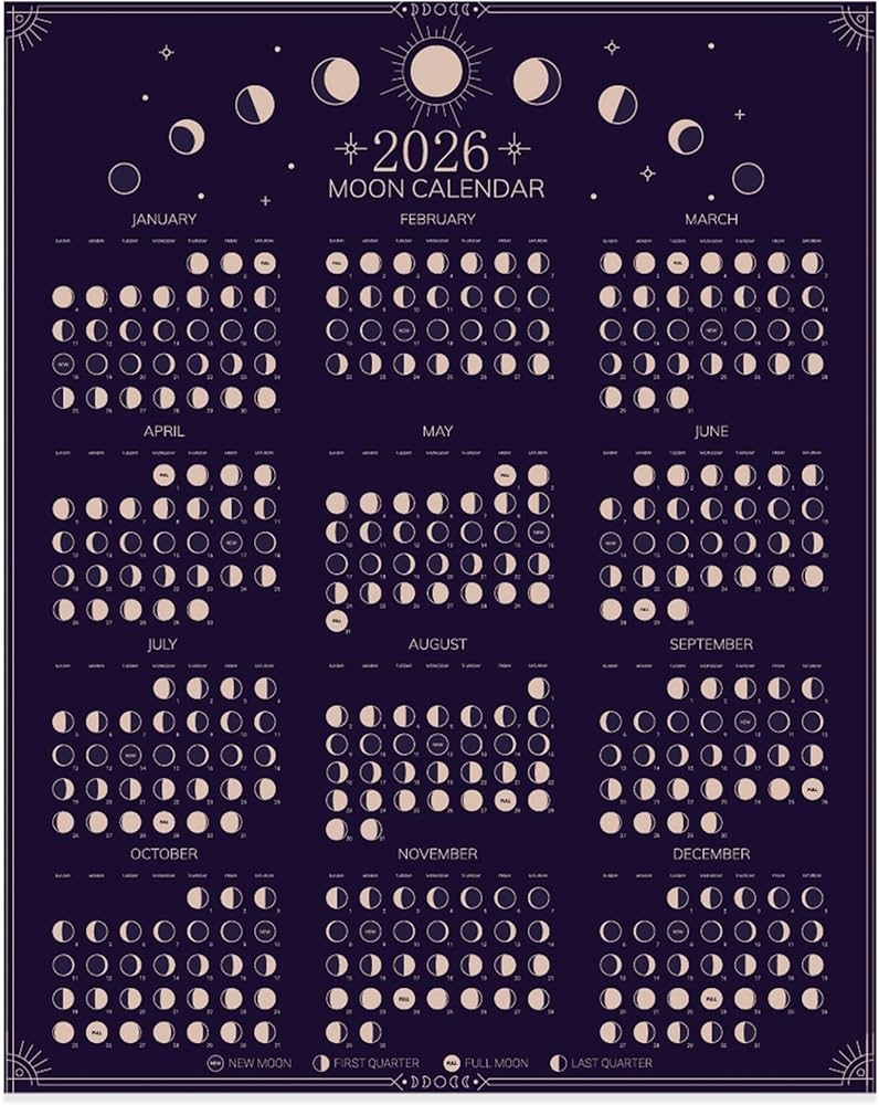 2026 Wall Calendar Moon Phases Poster 11 X 14 Inches Hangable 