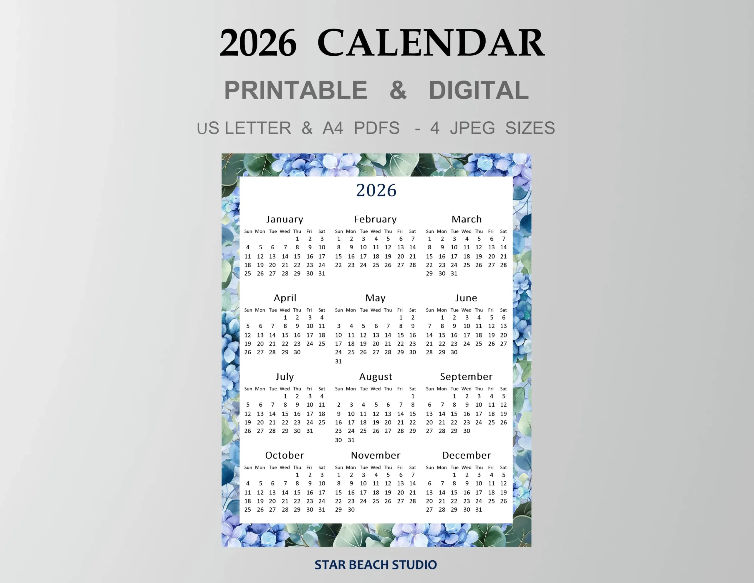 2026 Year Calendar Printable Year At A Glance 2026 Floral Wall 