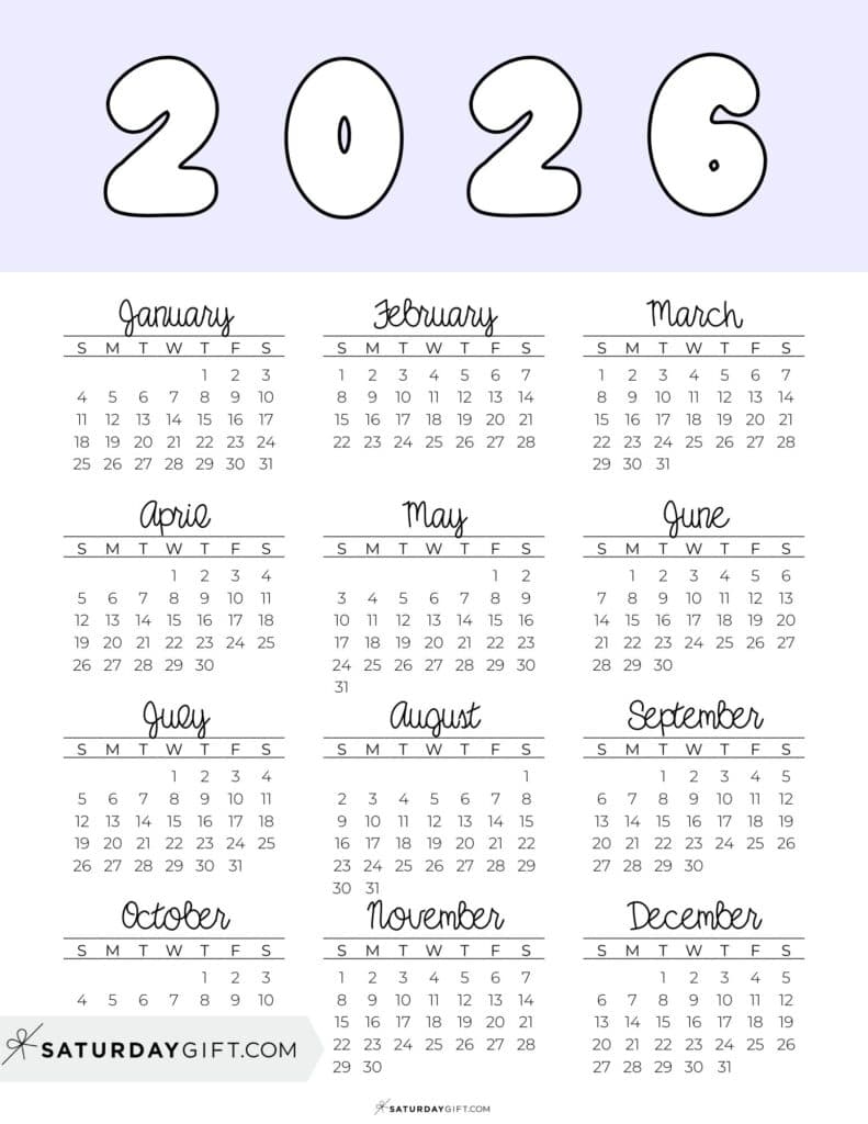 Printable Calendar 2026 One Page