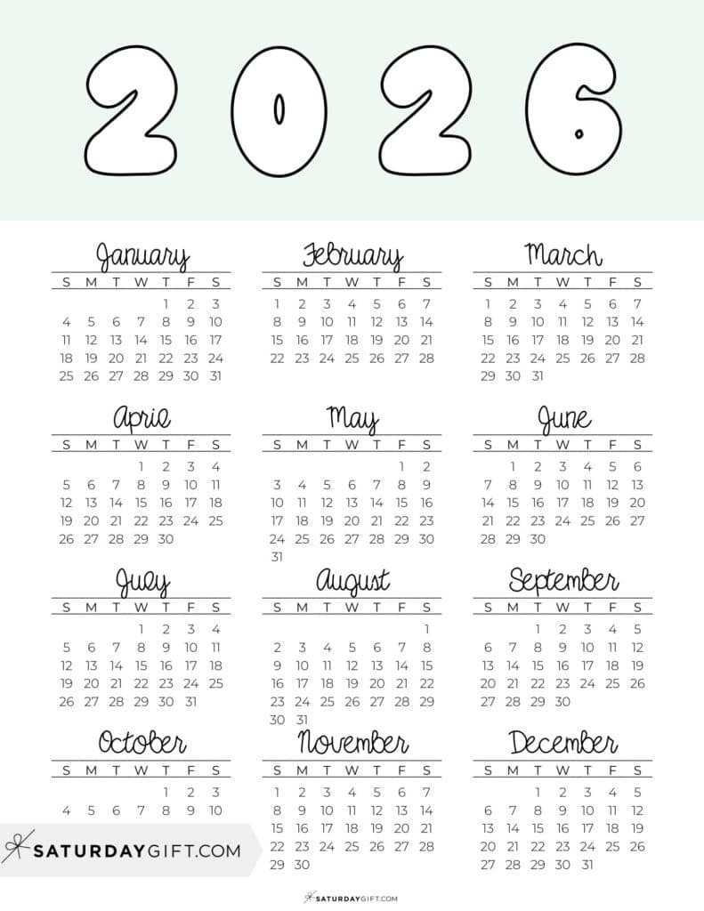 2026 Yearly Calendars 35 Free Printables