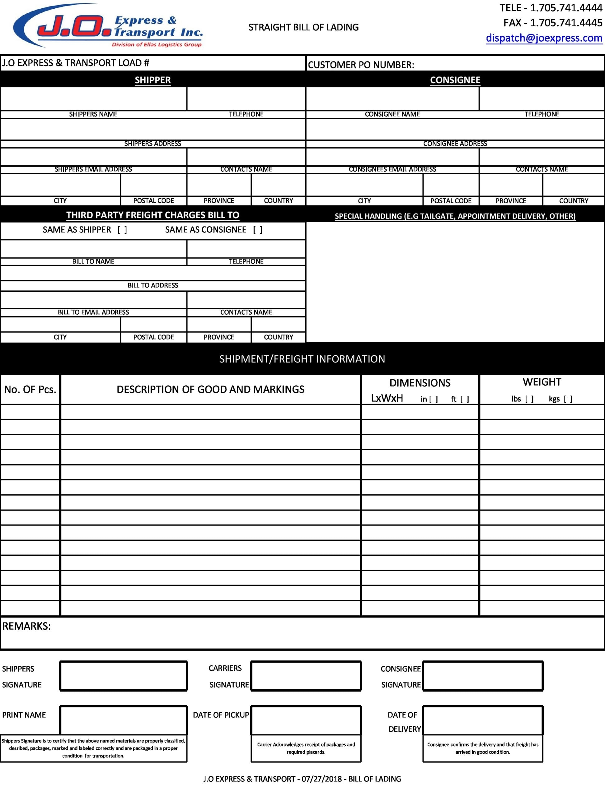 Bill Of Lading Form Printable Template