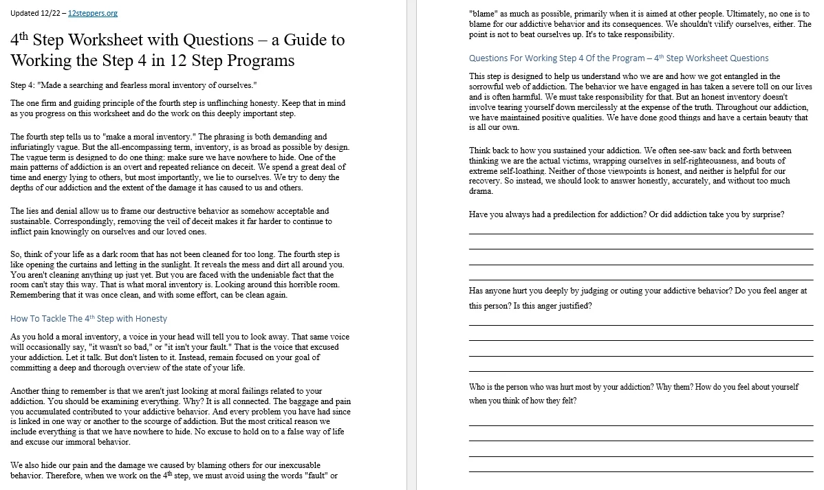 4th Step Worksheet With Questions Free PDF Download amp Print 