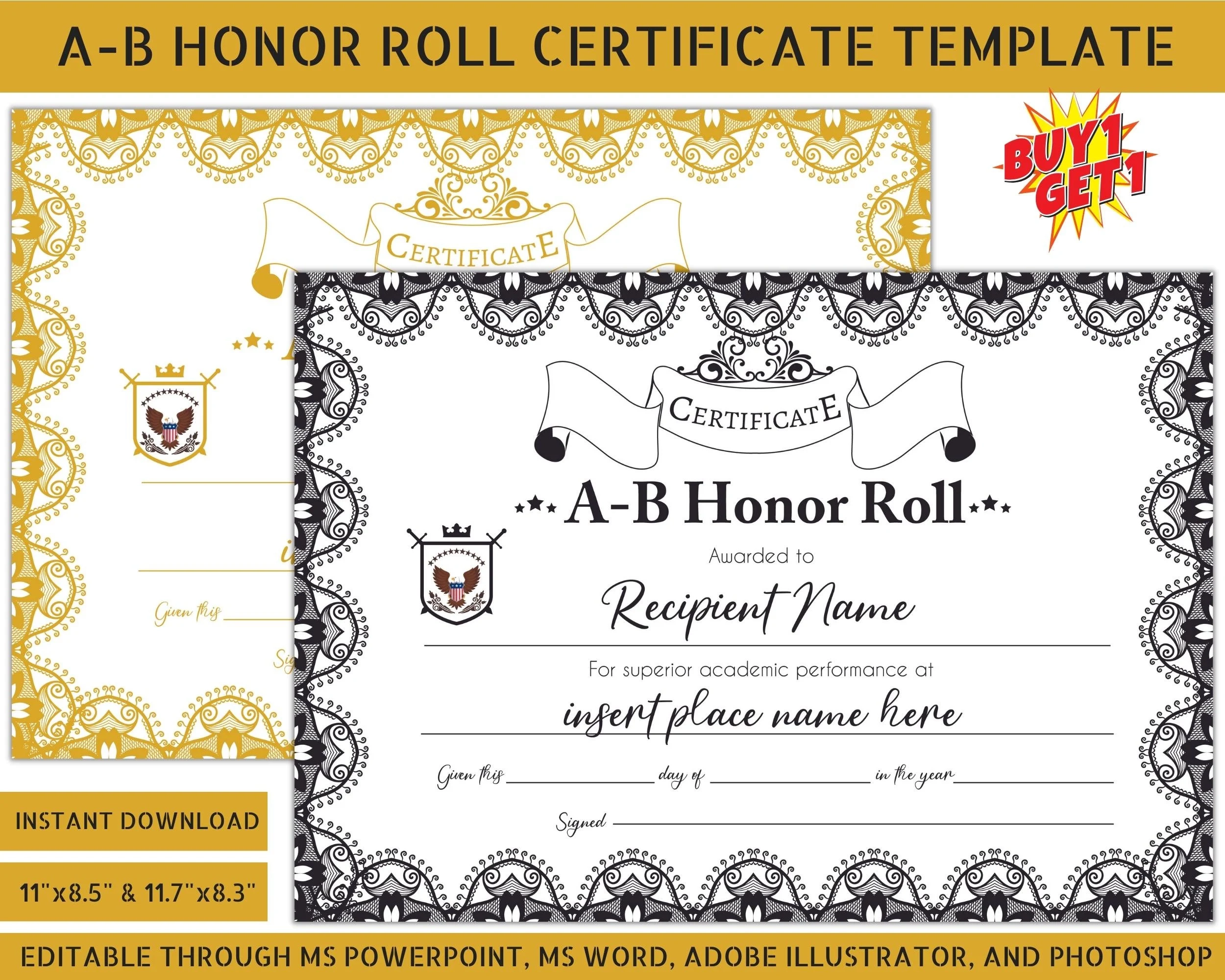 AB Honor Roll Certificate Template Black amp Gold printable 