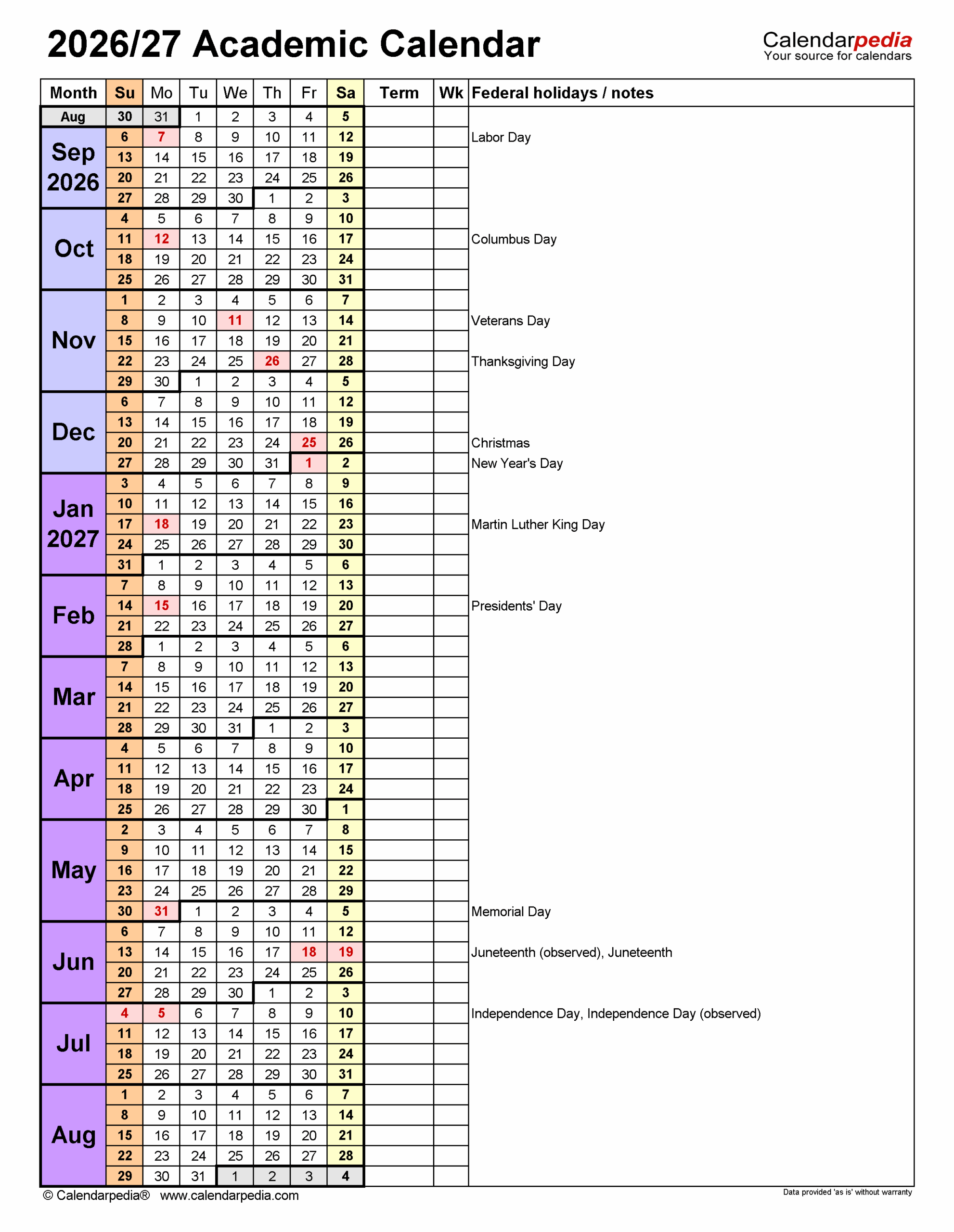 Academic Calendar Osu 2026 Printable Coloring Template