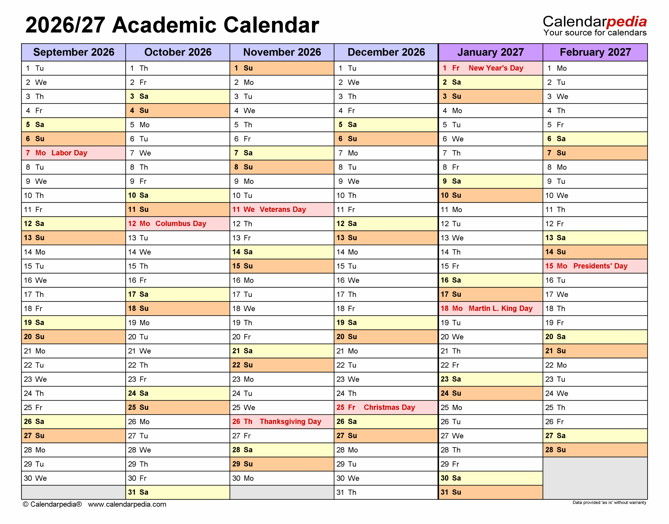 Academic Calendar Osu 2026 Printable Coloring Template