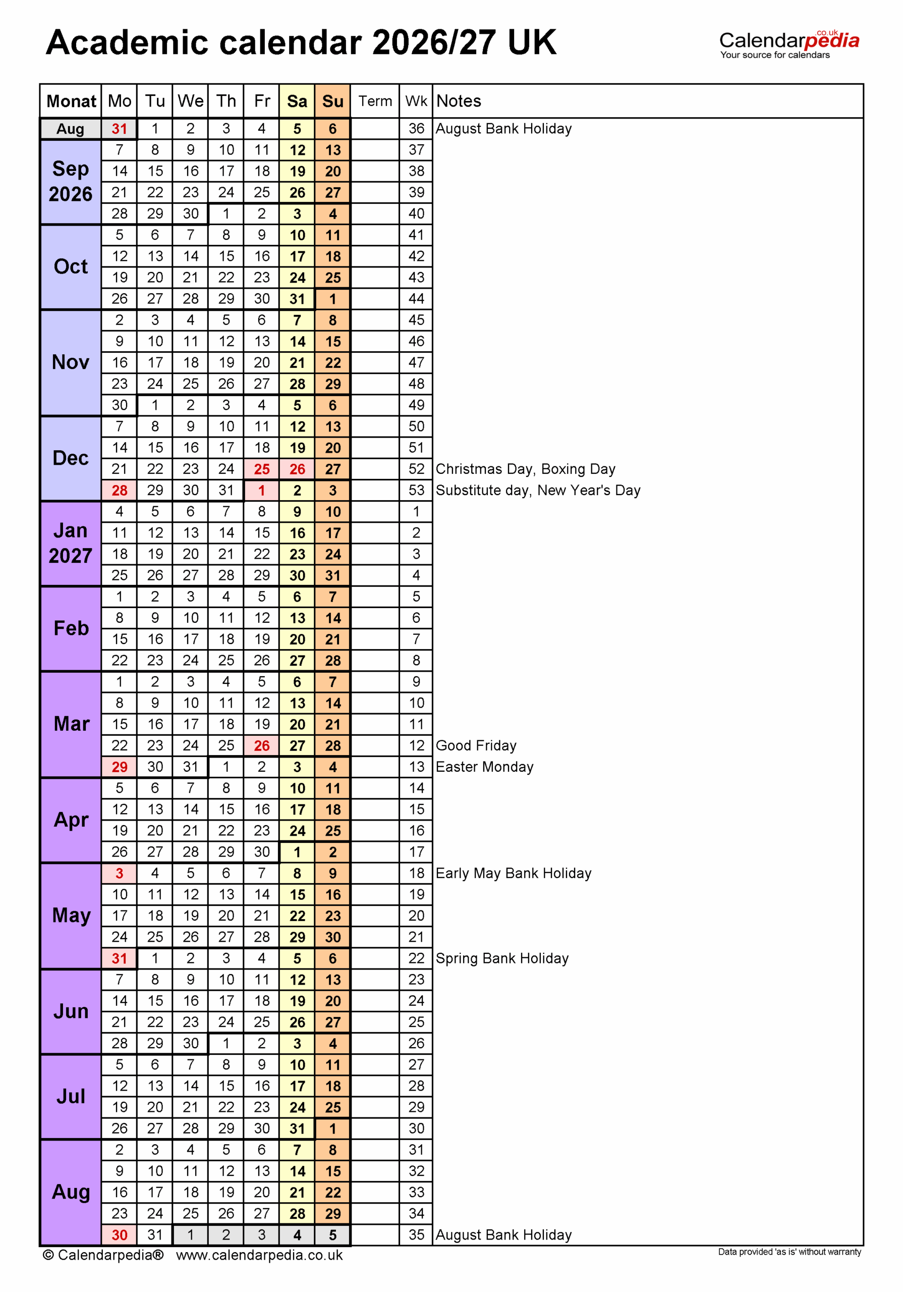 Academic Calendars 2026 27 UK Free Printable PDF Templates