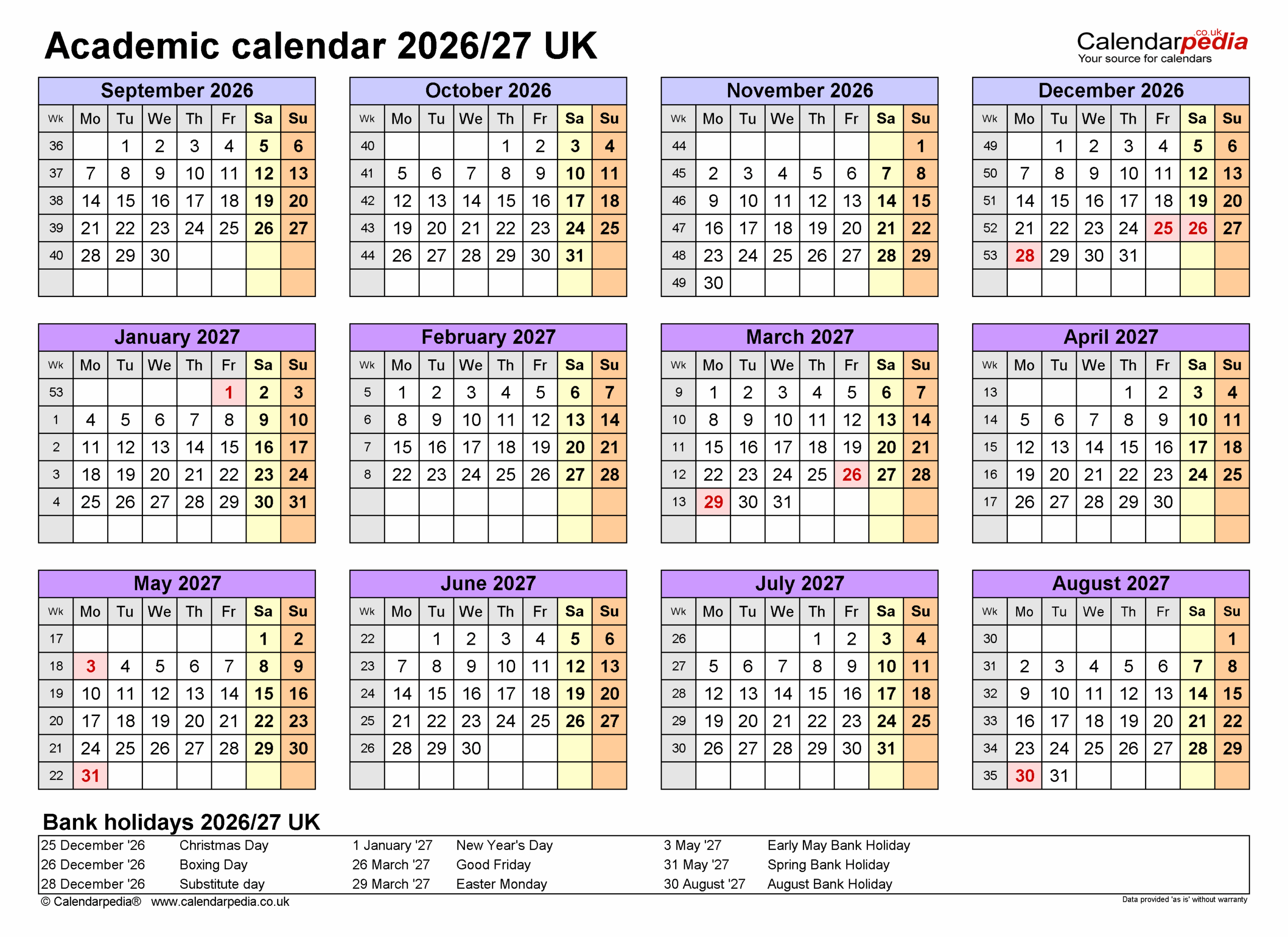 Academic Calendars 2026 27 UK Free Printable PDF Templates