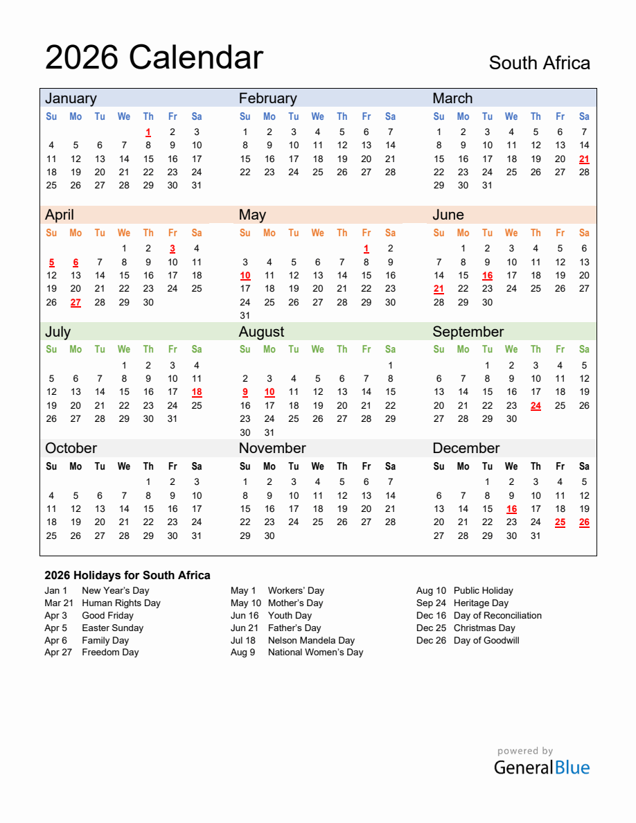 Annual Calendar 2026 With South Africa Holidays