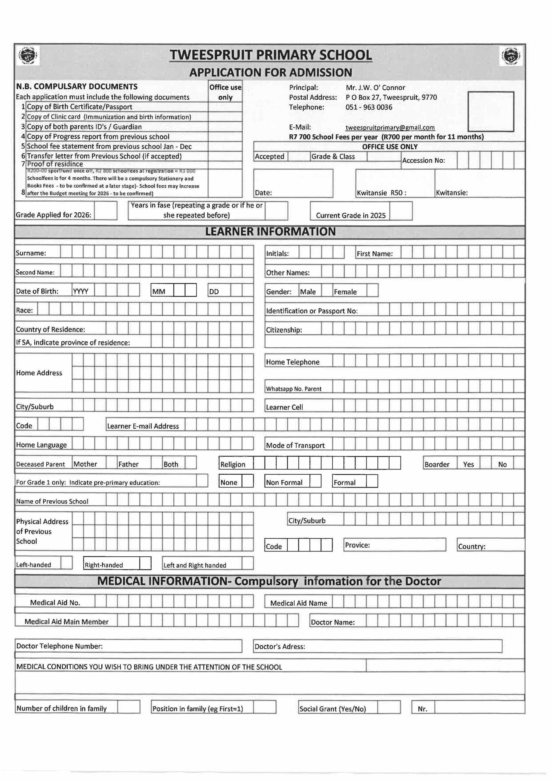 Application Form 2026 Tweespruit Primary School