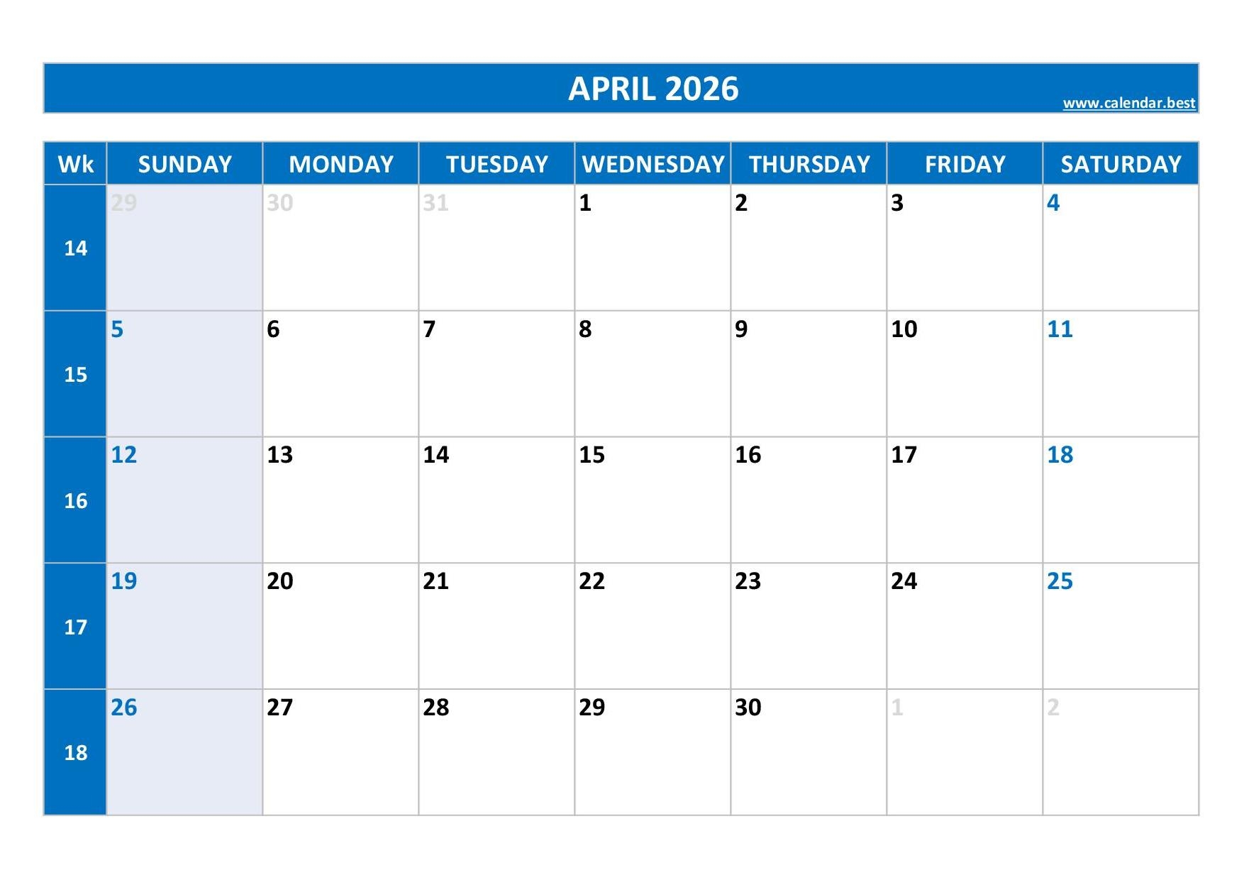April Printable Calendar 2026
