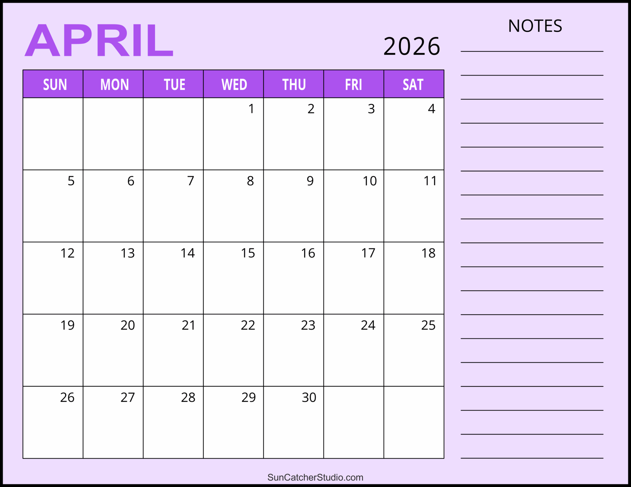 Blank 2026 Calendar Printable April 2026