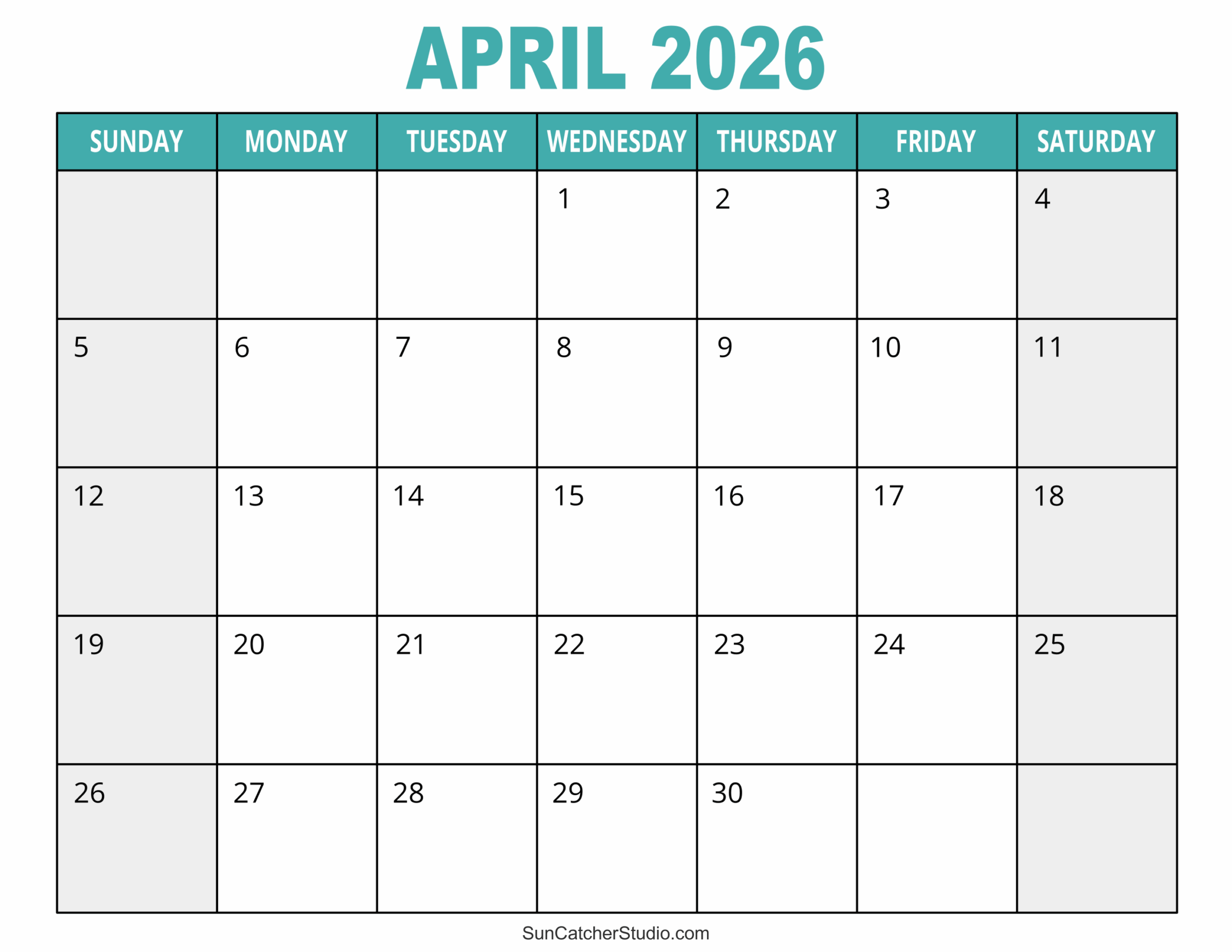 Blank April Calendar 2026 Printable Free