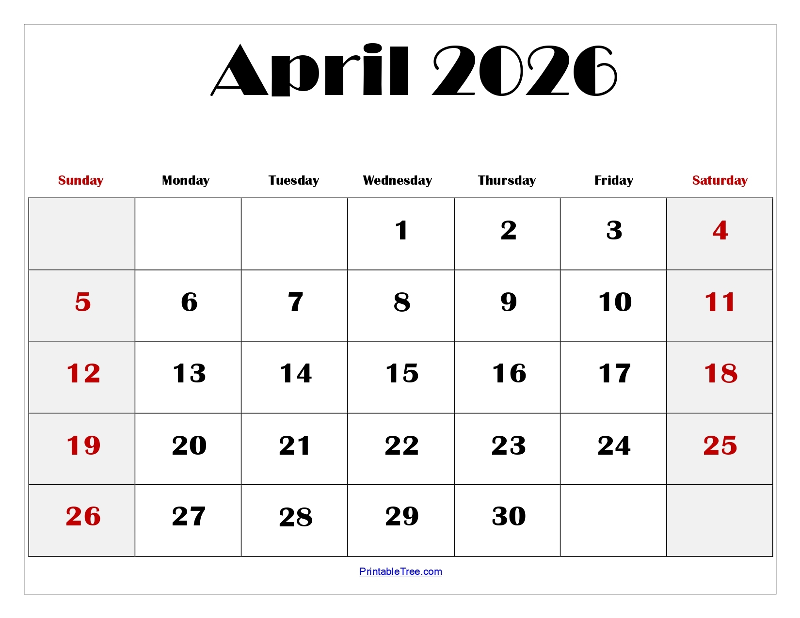 April 2026 Blank Calendar Printable Free