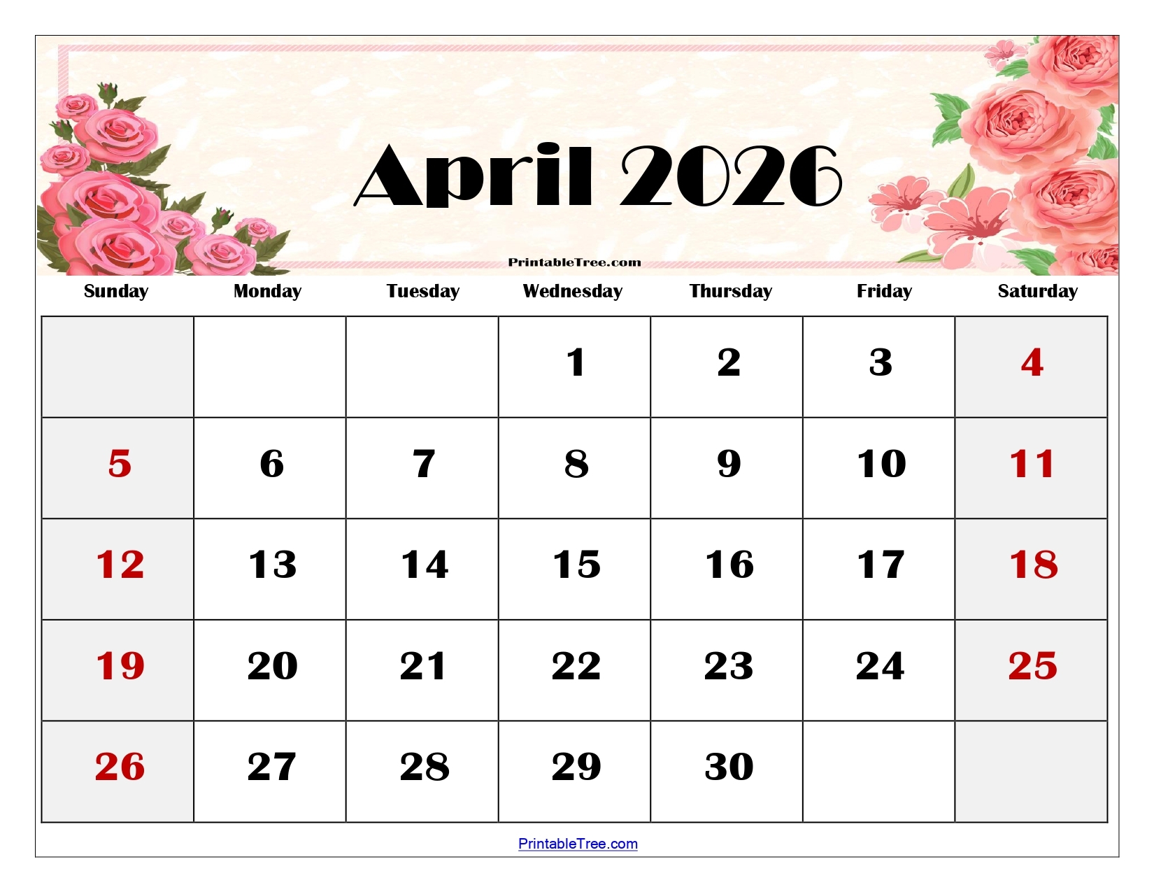 Free Printable April 2026 Calendar Page