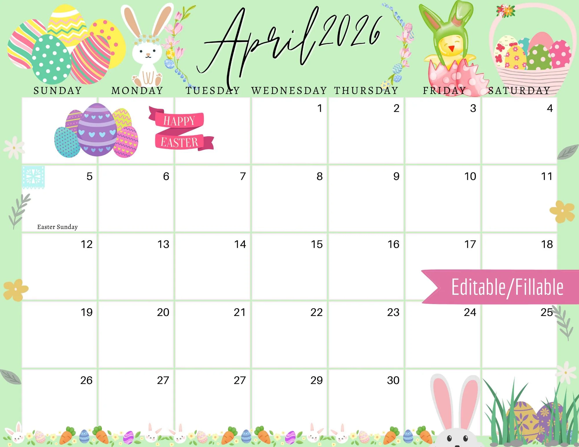 April 2026 Easter Sunday Calendar Mint Green Printable PDF PNG 