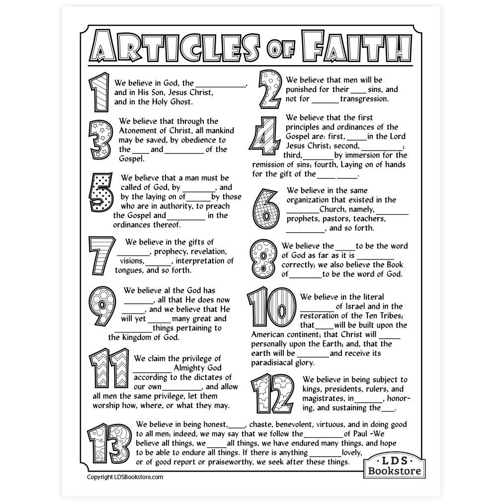 Articles Of Faith Coloring amp Activity Page Printable