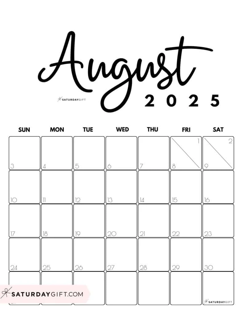 Blank Printable Monthly Calendar August
