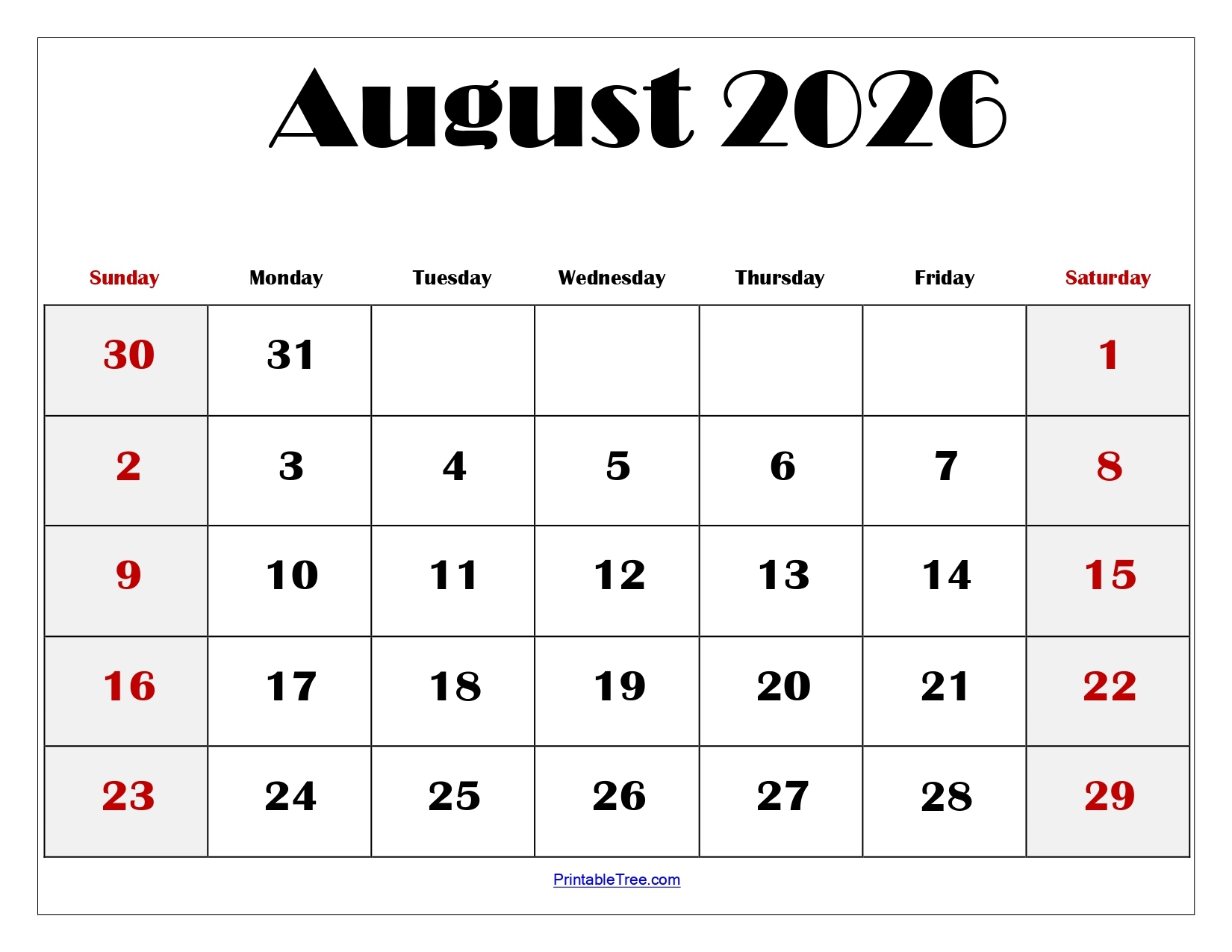 Aug Blank Calendar 2026