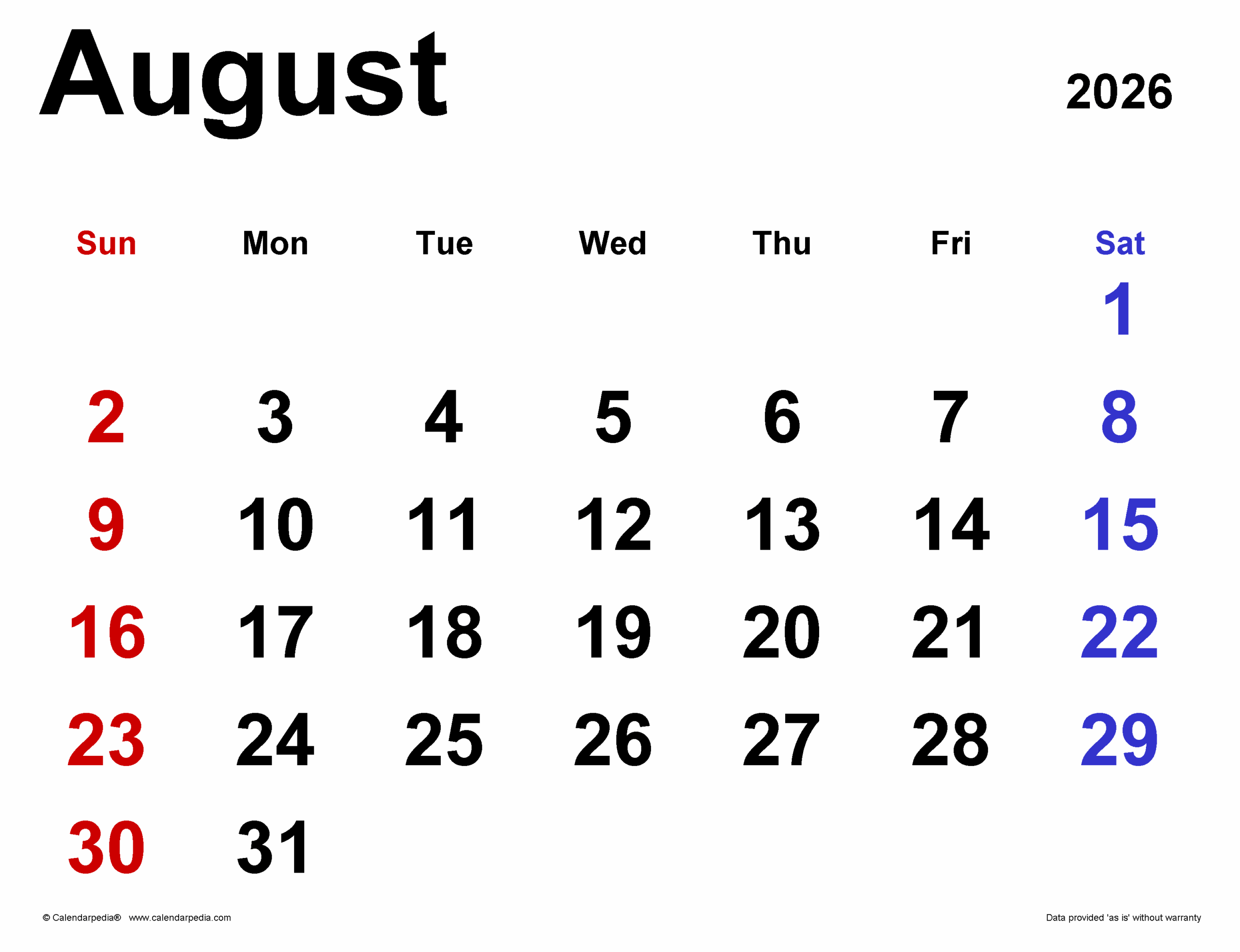 Calendar For August 2026