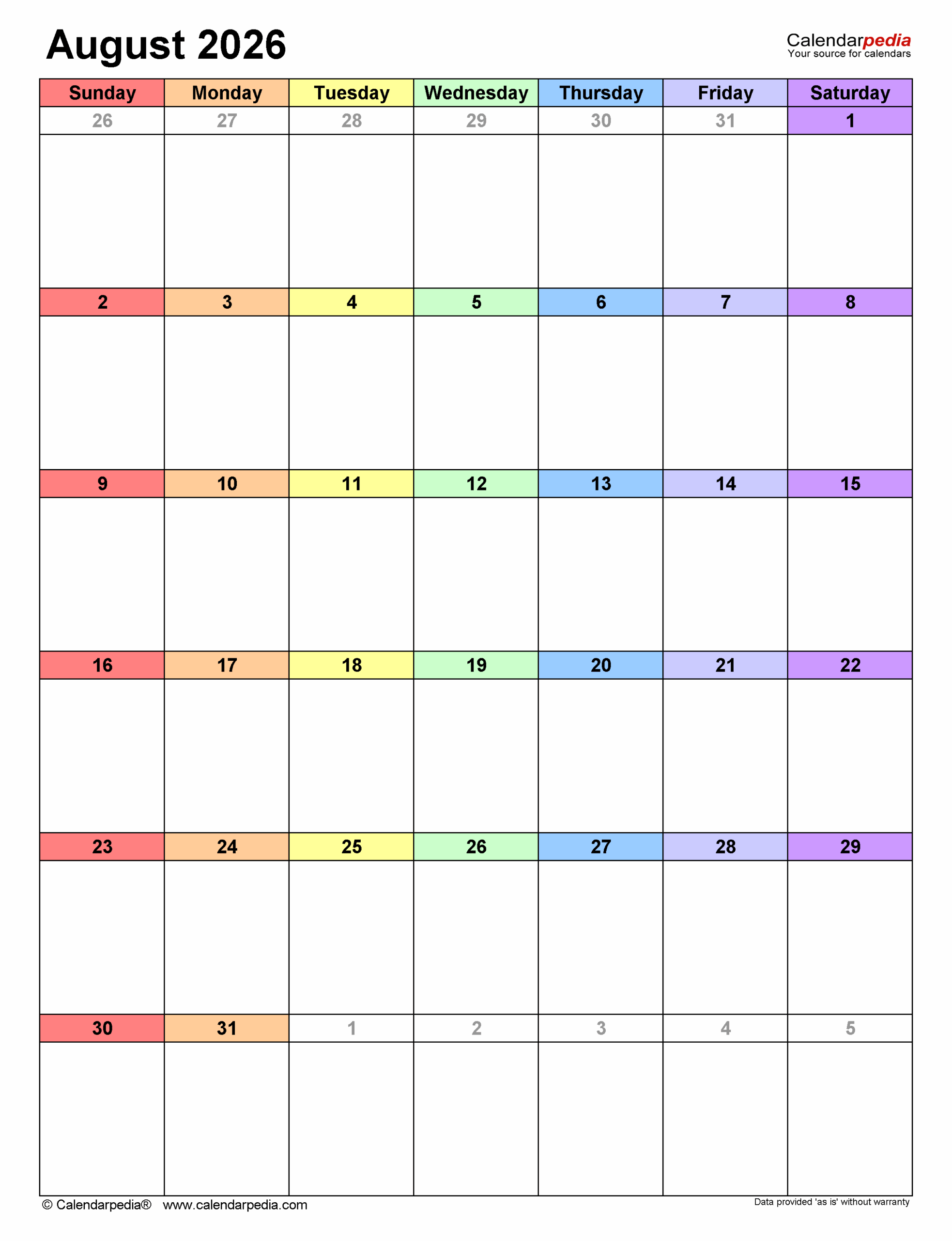 Blank Calendar Page For August 2026