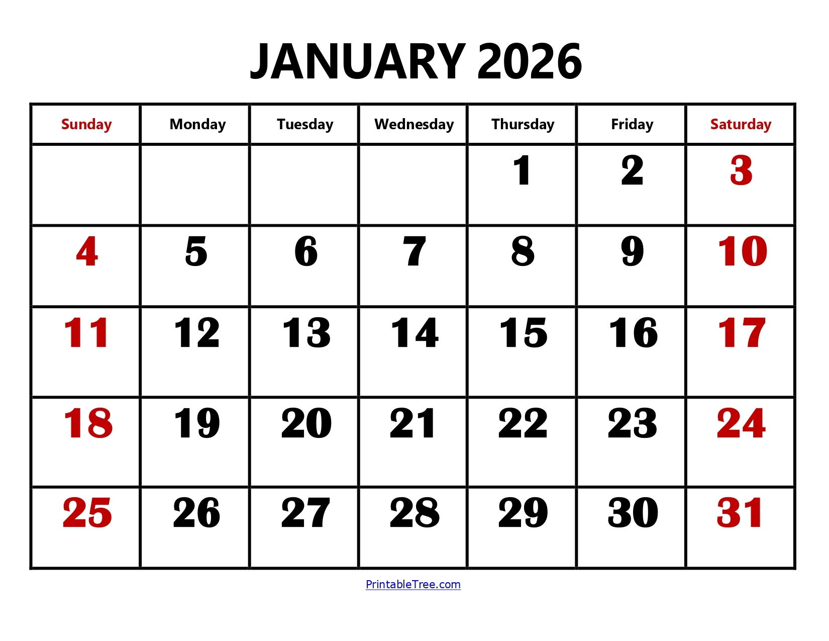 Print January 2026 Calendar