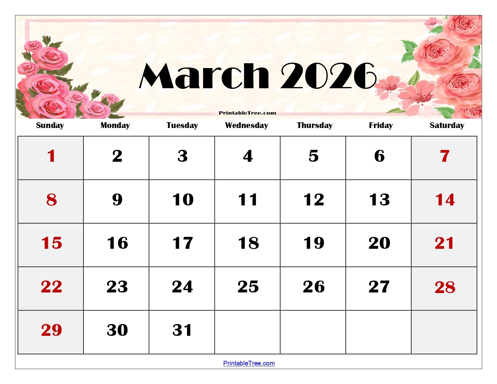 Printable Calendar March 2026 Blank