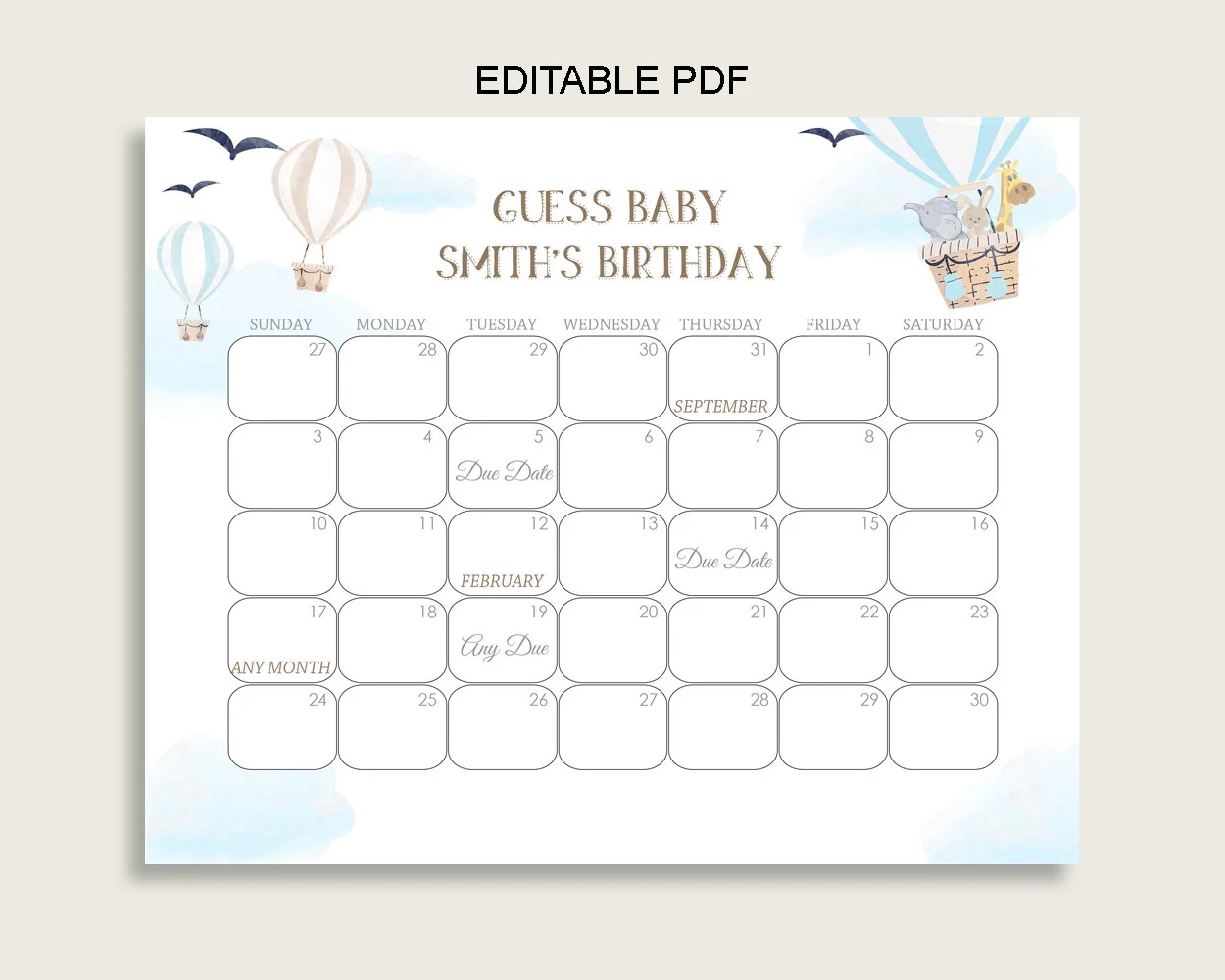Blue White Guess Baby Due Date Calendar Game Printable Hot Air Balloon Baby Shower Boy Birthday Prediction Calendar Editable Instant CSXIS