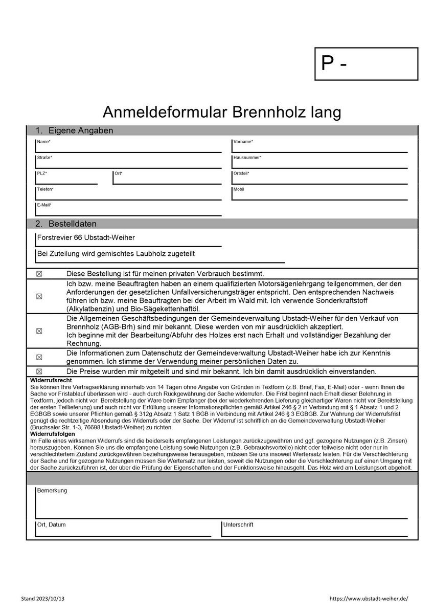 Brennholzbestellungen 2025 2026 Gemeindewald Gemeinde Ubstadt 