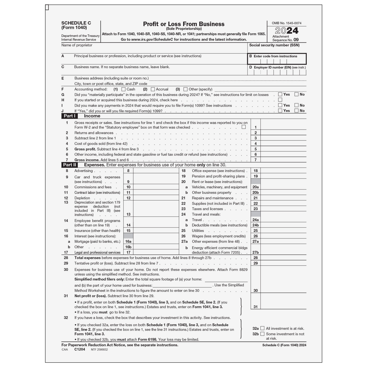 C1204 Form 1040 Schedule C Profit Or Loss From Business Page 1 amp 2 