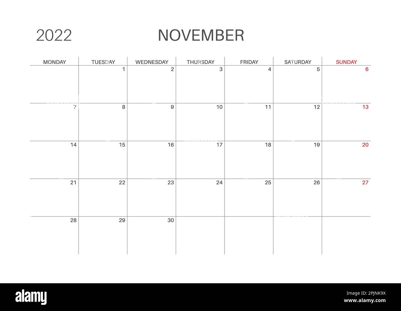 Calendar 2022 November Month Monday Week Start Printable 